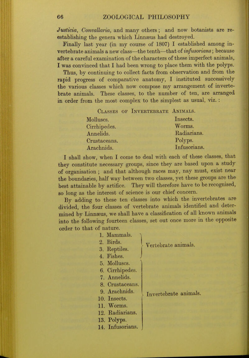 Justicia, Convallaria, and many others ; and now botanists are re- estabhshing the genera which Linnaeus had destroyed. Finally last year (in my course of 1807) I estabUshed among in- vertebrate animals a new class—the tenth—that of infusorians; because after a careful examination of the characters of these imperfect animals, I was convinced that I had been wrong to place them with the polyps. Thus, by continuing to collect facts from observation and from the rapid progress of comparative anatomy, I instituted successively the various classes which now compose my arrangement of inverte- brate animals. These classes, to the number of ten, are arranged in order from the most complex to the simplest as usual, viz, : Classes of Invertebrate Animals. Molluscs. Insects. Cirrhipedes. Worms. Annelids. Radiarians. Crustaceans. Polyps. Arachnids. Infusorians. I shall show, when I come to deal with each of these classes, that they constitute necessary groups, since they are based upon a study of organisation ; and that although races may, nay must, exist near the boundaries, half way between two classes, yet these groups are the best attainable by artifice. They will therefore have to be recognised, 80 long as the interest of science is our chief concern. By adding to these ten classes into which the invertebrates are divided, the four classes of vertebrate animals identified and deter- mined by Linnaeus, we shall have a classification of all known animals into the following fourteen classes, set out once more in the opposite order to that of nature. 1. Mammals. 2. Birds. 3. Reptiles. 4. Fishes. 5. Molluscs. 6. Cirrhipedes. 7. Annehds. 8. Crustaceans. 9. Arachnids. 10. Insects. 11. Worms. 12. Radiarians. 13. Polyps. 14. Infusorians. - Vertebrate animals. Invertebrate animals.