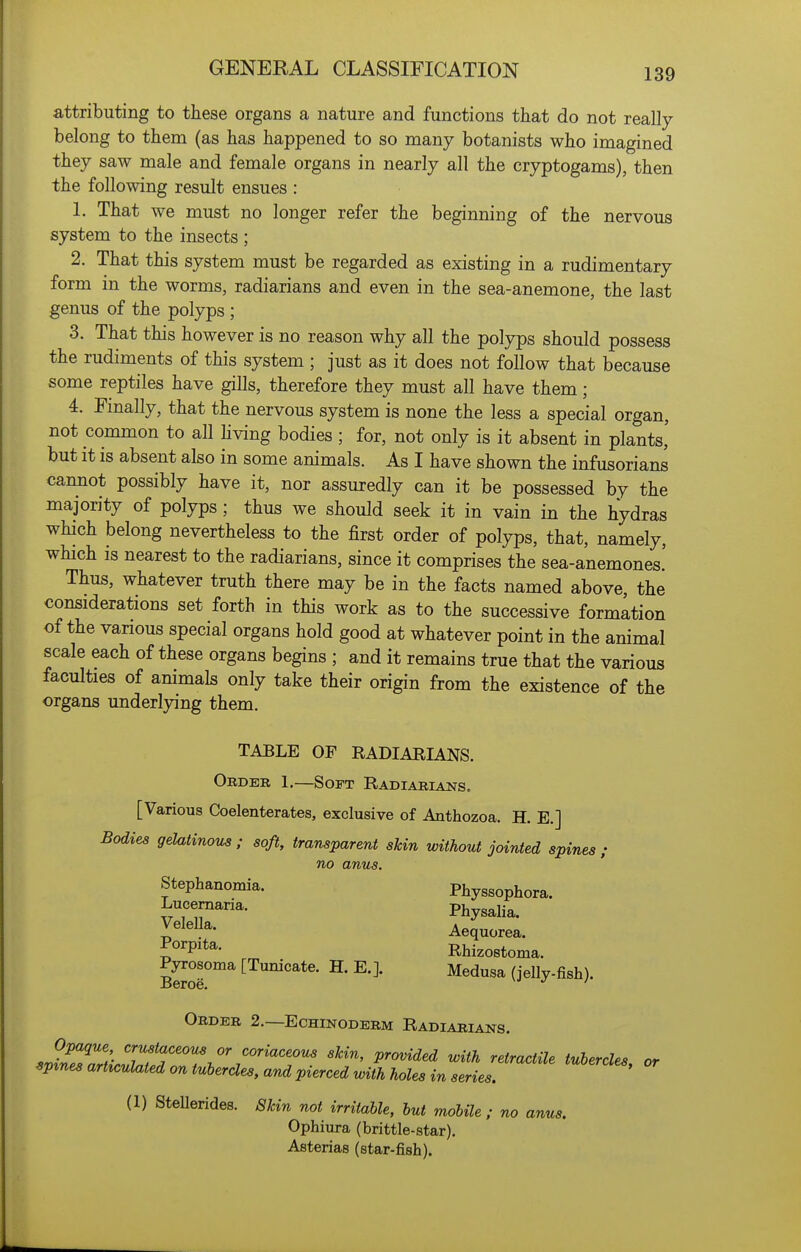 attributing to these organs a nature and functions that do not really belong to them (as has happened to so many botanists who imagined they saw male and female organs in nearly all the cryptogams), then the following result ensues : 1. That we must no longer refer the beginning of the nervous system to the insects ; 2. That this system must be regarded as existing in a rudimentary form in the worms, radiarians and even in the sea-anemone, the last genus of the polyps ; 3. That this however is no reason why all the polyps should possess the rudiments of this system ; just as it does not follow that because some reptiles have gills, therefore they must all have them; 4. Fmally, that the nervous system is none the less a special organ, not common to all hving bodies ; for, not only is it absent in plants,' but it is absent also in some animals. As I have shown the infusorians cannot possibly have it, nor assuredly can it be possessed by the majority of polyps; thus we should seek it in vain in the hydras which belong nevertheless to the first order of polyps, that, namely, which IS nearest to the radiarians, since it comprises the sea-anemones.' Thus, whatever truth there may be in the facts named above, the considerations set forth in this work as to the successive formation of the various special organs hold good at whatever point in the animal scale each of these organs begins ; and it remains true that the various faculties of animals only take their origin from the existence of the organs underljnng them. TABLE OF RADIARIANS. Order 1.—Soft Radiarians. [Various Coelenterates, exclusive of Anthozoa. H. E.] Bodies gelatinous ; soft, transparent shin without jointed spines ; no anus. Stephanomia. Physsophora. Lucernaria. Physalia. y^^^' Aequorea. ^°P^**- Rhizostoma. Pyrosoma [Tunicate. H. E.]. Medusa (jelly-fish). Order 2.—Echinoderm Radiarians. spines articulated on tubercles, and pierced with holes in series. (1) SteUerides. Skin not irritable, but mobile ; no anus. Ophiura (brittle-star). Asterias (star-fish).