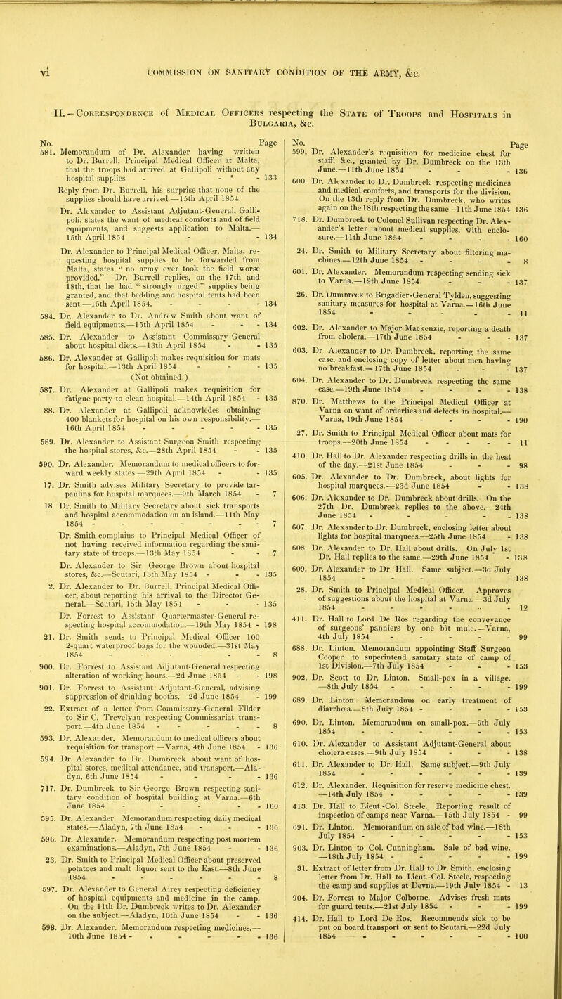 COMMISSION ON SANITARY CONDITION OF THE ARMY, &c. II. — Correspondence of Medical Officers respecting the State of Troops and Hospitals in Bulgaria, &c. No. Page 581. Memorandum of Dr. Alexander having written to Dr. Burrell, Principal Medical Officer at Malta, that the troops had arrived at Gallipoli without any hospital supplies - - - * - 133 Reply from Dr. Burrell, his surprise that none of the supplies should have arrived.—15th April 1854. Dr. Alexander to Assistant Adjutant-General, Galli- poli, states the want of medical comforts and of field equipments, and suggests application to Malta.— 15th April 1854 - - - - 134 Dr. Alexander to Principal Medical Officer, Malta, re- questing hospital supplies to be forwarded from Malta, states  no army ever took the field worse provided. Dr. Burrell replies, on the 17th and 18th, that he had strongly urged supplies being granted, and that bedding and hospital tents had been sent—15th April 1854. - - - - 134 584. Dr. Alexander to Dr. Andrew Smith about want of field equipments.—15th April 1854 - - - 134 585. Dr. Alexander to Assistant Commissary-General about hospital diets.—13th April 1854 - - 135 586. Dr. Alexander at Gallipoli makes requisition for mats for hospital. —1.3th April 1854 - - - 135 (Not obtained ) 587. Dr. Alexander at Gallipoli makes requisition for fatigue party to clean hospital.—14th April 1854 - 135 88. Dr. Alexander at Gallipoli acknowledes obtaining 400 blankets for hospital on his own responsibility.— 16th April 1854 - - - - - 135 589. Dr. Alexander to Assistant Surgeon Smith respecting the hospital stores, &c 28th April 1854 - - 135 590. Dr. Alexander. Memorandum to medical officers to for- ward weekly states.—29th April 1854 - - 135 17. Dr. Smith advises Military Secretary to provide tar- paulins for hospital marquees.—9th March 1854 - 7 18 Dr. Smith to Military Secretary about sick transports and hospital accommodation on an island.—11th May 1854 - - - - - . - 7 Dr. Smith complains to Principal Medical Officer of not having received information regarding the sani- tary state of troops.—13th May 1854 - - 7 Dr. Alexander to Sir George Brown about hospital stores, &c.—Scutari, 13th May 1854 - - - 135 2. Dr. Alexander to Dr. Burrell, Principal Medical Offi- cer, about reporting his arrival to the Director Ge- neral.—Scutari, 15th May 1854 - - - 135 Dr. Forrest to Assistant Quartermaster-General re- specting hospital accommodation.— 19th May 1854 - 198 21. Dr. Smith sends to Principal Medical Officer 100 2-quart waterproof bags for the wounded.—31st May 1854 - - . ... 8 900. Dr. Porrest to Assistant Adjutant-General respecting alteration of working hours.—2d .Tune 1854 - - 198 901. Dr. Forrest to Assistant Adjutant-General, advising suppression of drinking booths.—2d June 1854 - 199 22. Extract of a letter from Commissary-General Filder to Sir C. Trevelyan respecting Commissariat trans- port.—4th June 1854 - - - . . 8 593. Dr. Alexander. Memorandum to medical officers about requisition for transport.—Varna, 4th .June 1854 - 136 594. Dr. Alexander to Dr. Dumbreck about want of hos- pital stores, medical attendance, and transport.—Ala- dyn, 6th June 1854 - - - - 136 717. Dr. Dumbreck to Sir George Brown respecting sani- tary condition of hospital building at Varna.—6th June 1854 - - - - - 160 595. Dr. Alexander. Memorandum respecting daily medical states.—Aladyn, 7th June 1854 - - - 136 596. Dr. Alexander. Memorandum respecting post mortem examinations.—Aladyn, 7th June 1854 - - 136 23. Dr. Smith to Principal Medical Officer about preserved potatoes and malt liquor sent to the East.—8th .June 1854 ...... 8 597. Dr. Alexander to General Airey respecting deficiency of hospital equipments and medicine in the camp. . On the 11th Dr. Dumbreck writes to Dr. Alexander on the subject.—Aladyn, 10th June 1854 - - 136 598. Dr. Alexander. Memorandum respecting medicines.— 10th June 1854 - - - - - 136 JNo. Page 599. Dr. Alexander's requisition for medicine chest for staff, &c., granted by Dr. Dumbreck on the 13th June.— 11th June 1854 - - - - 136 600. Dr. Alexander to Dr. Dumbreck respecting medicines and medical comforts, and transports for t1ie division. On the 13th reply from Dr. Dumbreck, who writes again on the 18th respecting the same -11th June 1854 136 716. Dr. Dumbreck to Colonel Sullivan respecting Dr. Alex- ander's letter about medical supplies, with enclo- sure.— 11th June 1854 - - .. . 160 24. Dr. Smith to Military Secretary about filtering ma- chines.—12th June 1854 - . - - 8 601. Dr. Alexander. Memorandum respecting sending sick to Varna.—12th June 1854 ... 137 26. Dr. DumorecK to Brigadier-General Tylden, suggesting sanitary measures for hospital at Varna.—16th June 1854 - - - . . 11 602. Dr. Alexander to Major Mac'senzie, reporting a death from cholera.—17th June 1854 . . - 137 603. Dr Alexander to Dr. Dumbreck, reporting the same case, and enclosing copy of letter about men having no breakfast.—17th June 1854 ... 137 604. Dr. Alexander to Di-. Dumbreck respecting the same case—19th June 1854 .... 138 870. Dr. Matthews to the Principal Medical Officer at Varna on want of orderlies and defects in hospital.-— Varna, 19th June 1854 .... 190 27. Dr. Smith to Principal Medical Officer about mats for troops.—20th June 1854 ..... n 410. Dr. Hall to Dr. Alexander respecting drills in the heat of the day.—21st June 1854 - . . 98 605. Dr. Alexander to Dr. Dumbreck, about lights for hospital marquees.—23d June 1854 - . 138 606. Dr. Alexander to Dr. Dumbreck about drills. On the 27th Dr. Dumbreck replies to the above.—24th June 1854 . - - - - 138 607. Dr. Alexander to Dr. Dumbreck, enclosing letter about lights for hospital marquees.—25th June 1854 - 138 608. Dr. Alexander to Dr. Hall about drills. On July 1st Dr. Hall replies to the same.—29th June 1854 - 138 609. Dr. Alexander to Dr Hall. Same subject.—3d July 1854 - - - - - - 138 28. Dr. Smith to Principal Medical Officer. Approves of suggestions about the hospital at Varna.—3d July 1854 . - . - .. . 12 411. Dr. Hall to Lord De Ros regarding the conveyance of surgeons' panniers by one biit mule. —Varna, 4th July 1854 - - - - - 99 688. Dr. Linton. Memorandum appointing Staff Surgeon Cooper to superintend sanitary state of camp of 1st Division.—7th July 1854 - - - 153 902. Dr. Scott to Dr. Linton. Small-pox in a village. —8th July 1854 - - - - - 199 689. Dr. Linton. Memorandum on early treatment of diarrhoea. —8th July 1854 - - - - 153 690. Dr. Linton. Memorandum on suiall-pox.—9th July 1854 - - - - - .153 610. Dr. Alexander to Assistant Adjutant-General about cholera cases.—9th July 1854 ... 133 611. Dr. Alexander to Dr. Hall. Same subject.—9th July 1854 - - - - - - 139 612. Dr. Alexander. Requisition for reserve medicine chest. — 14th July 1854 - - . - - 139 413. Dr. Hall to Lieut.-Col. Steele. Reporting result of inspection of camps near Varna.—15th July 1854 - 99 691. Dr. Linton. Memorandum on sale of bad wine.—18th July 1854 - - - - - - 153 903. Dr. Linton to Col. Cunningham. Sale of bad wine. — 18th July 1854 - . - - - 199 31. Extract of letter from Dr. Hall to Dr. Smith, enclosing letter from Dr. Hall to Lieut.-Col. Steele, respecting the camp and supplies at Devna.—19th July 1854 - 13 904. Dr. Forrest to Major Colborne. Advises fresh mats for guard tents.—21st July 1854 - - - 199 414. Dr. Hall to Lord De Ros. Recommends sick to he put on board transport or sent to Scutari.—22d July 1854 - - - . - - 100