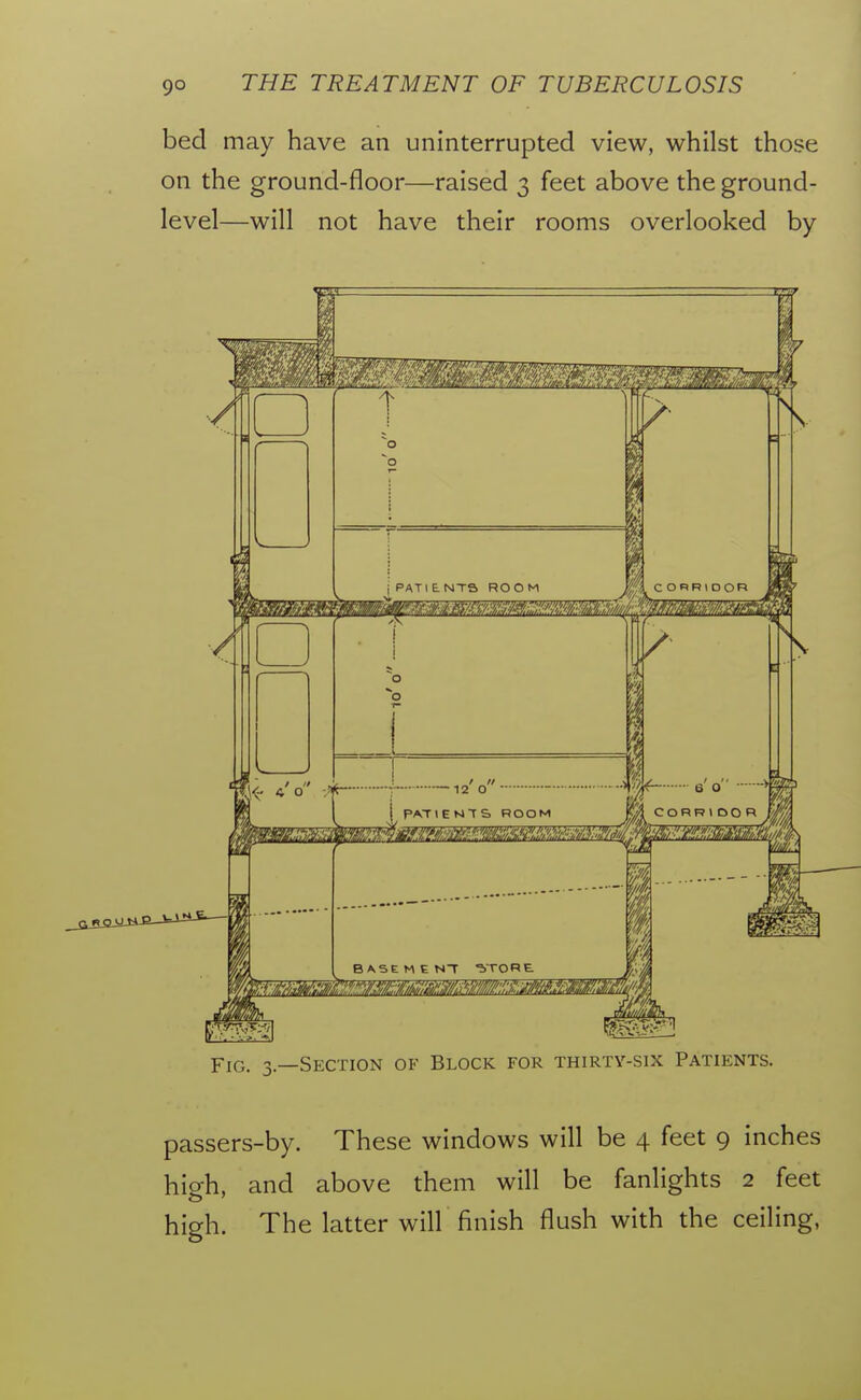 bed may have an uninterrupted view, whilst those on the ground-floor—raised 3 feet above the ground- level—will not have their rooms overlooked by Fig. 3.—Section of Block for thirty-six Patients. passers-by. These windows will be 4 feet 9 inches hio-h, and above them will be fanlights 2 feet high. The latter will finish flush with the ceiling,