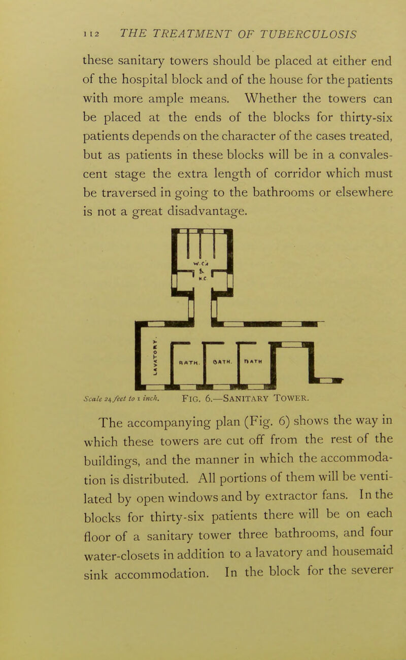 these sanitary towers should be placed at either end of the hospital block and of the house for the patients with more ample means. Whether the towers can be placed at the ends of the blocks for thirty-six patients depends on the character of the cases treated, but as patients in these blocks will be in a convales- cent stage the extra length of corridor which must be traversed in going to the bathrooms or elsewhere is not a great disadvantage. Scale 2/[ feet to 1 inch. FiG. 6.—SANITARY TOWER. The accompanying plan (Fig. 6) shows the way in which these towers are cut off from the rest of the buildings, and the manner in which the accommoda- tion is distributed. All portions of them will be venti- lated by open windows and by extractor fans. In the blocks for thirty-six patients there will be on each floor of a sanitary tower three bathrooms, and four water-closets in addition to a lavatory and housemaid sink accommodation. In the block for the severer