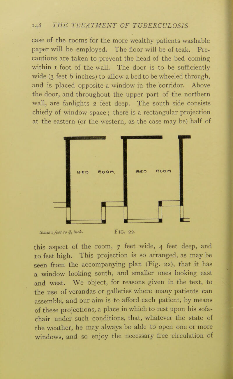 case of the rooms for the more wealthy patients washable paper will be employed. The floor will be of teak. Pre- cautions are taken to prevent the head of the bed coming within I foot of the wall. The door is to be sufficiently wide (3 feet 6 inches) to allow a bed to be wheeled through, and is placed opposite a window in the corridor. Above the door, and throughout the upper part of the northern wall, are fanlights 2 feet deep. The south side consists chiefly of window space; there is a rectangular projection at the eastern (or the western, as the case may be) half of Scale I foot to ii inch. FiG. 22. this aspect of the room, 7 feet wide, 4 feet deep, and 10 feet high. This projection is so arranged, as may be seen from the accompanying plan (Fig. 22), that it has a window looking south, and smaller ones looking east and west. We object, for reasons given in the text, to the use of verandas or galleries where many patients can assemble, and our aim is to afford each patient, by means of these projections, a place in which to rest upon his sofa- chair under such conditions, that, whatever the state of the weather, he may always be able to open one or more windows, and so enjoy the necessary free circulation of