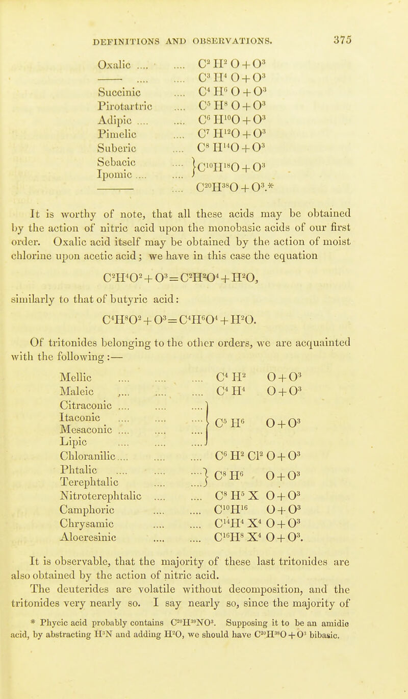 Oxalic Succinic Pirotaiti'ic Adipic .... Piniellc Suberic Sebacic Ipomic .... It is worthy of note, that all these acids may be obtained by the action of nitric acid upon the monobasic acids of our first order. Oxalic acid itself may be obtained by the action of moist chlorine upon acetic acid; we have in this case the equation C^H^O^ + 0=^=C^H^O^ + H^O, similarly to that of butyric acid: Q4H802 + 03=CH^O + H^O. Of tritonides belonging to the other orders, we are acquainted with the following :— Mellic 0 + 0=^ Maleic 0 + 0=^ Citraconic .... .... ....j Itaconic .... .... .... I Mesaconic .... .... .... j j C^H^ 0 + 0=^ Lipic .... .... ....J Chloranilic... C« PP CP 0 + 0=* Phtalic -) Terephtalic .... ....j ■ C«H« 0 + 0=* Nitroterephtalic .... C« X 0 + 0=* Camphoric Q10H16 0 + 0=^ Chrysamic Q14H4 X4 0 + 0=^ Aloeresinic o+o^ It is observable, that the majority of these last tritonides are also obtained by the action of nitric acid. The deuterides are volatile without decomposition, and the tritonides very nearly so. I say nearly so, since the majority of * Phycic acid probably contains C^^H^^NO'. Supposing it to be an amidio acid, by abstracting H-^N and adding H^O, we should have C*''H''0 + 0^ bibasic. c=^rFO+o=' C^IP 0 + 0^ CH^O + O'' C'^I-PO + 0'' C'lPoO + O'' CMP^o + O^ }c'«H'«0 + 0-* C20H38O + O^-^