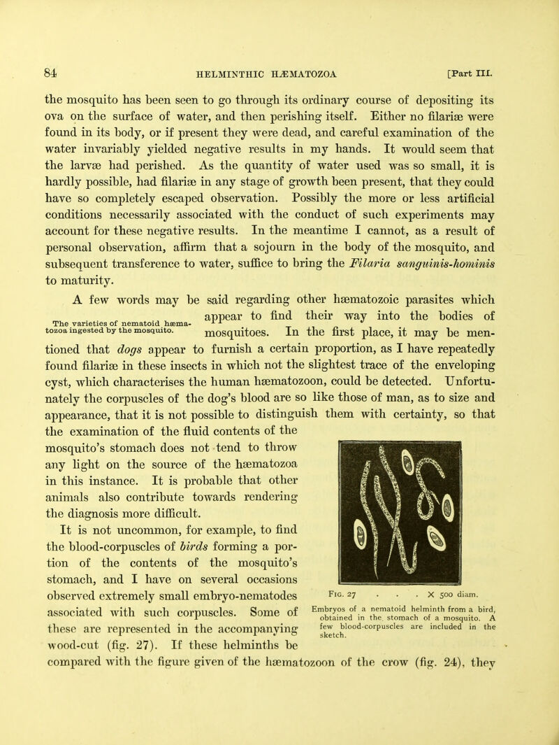 the mosquito has been seen to go through its ordinary course of depositing its ova on the surface of water, and then perishing itself. Either no filariae were found in its body, or if present they were dead, and careful examination of the water inyariably yielded negative results in my hands. It would seem that the larvae had perished. As the quantity of water used was so small, it is hardly possible, had filarige in any stage of growth been present, that they could have so completely escaped observation. Possibly the more or less artificial conditions necessarily associated with the conduct of such experiments may account for these negative results. In the meantime I cannot, as a result of personal observation, affirm that a sojourn in the body of the mosquito, and subsequent transference to water, suffice to bring the Filaria sanguinis-hominis to maturity. A few words may be said regarding other hsematozoic parasites which appear to find their way into the bodies of The varieties of nematoid heema- ^ tozoa ingested toy the mosquito. mosquitocs. In the first placc, it may be men- tioned that dogs appear to furnish a certain proportion, as I have repeatedly found filariae in these insects in which not the sKghtest trace of the enveloping cyst, which characterises the human haematozoon, could be detected. Unfortu- nately the corpuscles of the dog's blood are so like those of man, as to size and appearance, that it is not possible to distinguish them with certainty, so that the examination of the fluid contents of the mosquito's stomach does not tend to throw any hght on the source of the haematozoa in this instance. It is probable that other animals also contribute towards rendering the diagnosis more difficult. It is not uncommon, for example, to find the blood-corpuscles of birds forming a por- tion of the contents of the mosquito's stomach, and I have on several occasions observed extremely small embryo-nematodes associated with such corpuscles. Some of these are represented in the accompanying wood-cut (fig. 27). If these helminths be compared with the figure given of the haematozoon of the crow (fig. 24), they Fig. 27 X 500 diam. Embryos of a nematoid helminth from a bird, obtained in the, stomach of a mosquito. A few blood-corpuscles are included in the sketch.
