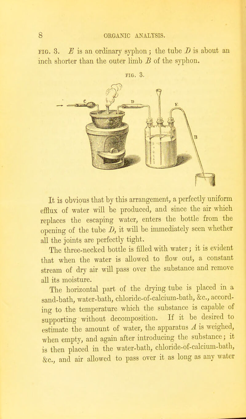 riG. 3. is an ordinary syphon; the tube D is about an inch shorter than the outer hmb B of the sj^ohon. PIG. 3. It is obvious that by this arrangement, a perfectly uniform efflux of water will be produced, and since the air which replaces the escaping water, enters the bottle from the opening of the tube B, it will be innnediately seen whether all the joints are perfectly tight. The tliree-necked bottle is filled with water; it is evident that when the water is allowed to flow out, a constant stream of dry air will pass over the substance and remove all its moisture. The horizontal part of the drying tube is placed in a sand-bath, water-bath, chloride-of-calcium-bath, &c., accord- ing to the temperature which the substance is capable of supporting without decomposition. If it be desired to estimate the amount of water, the apparatus A is weighed, when empty, and again after introducing the substance; it is then placed in the water-bath, chloride-of-calcium-bath, &c., and air aUowed to pass over it as long as any water