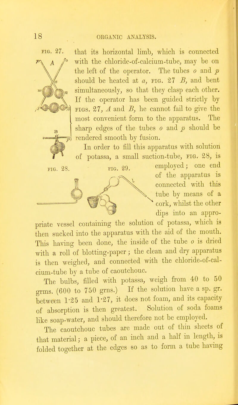 FIG. 28. PIG. 29. that its horizontal Hmb, which is connected with the cliloride-of-calcium-tube, may be on the left of the operator. The tubes o and p should be heated at a, fig. 27 B, and bent simultaneously, so that they clasp each other. If the operator has been guided strictly by PIGS. 27, A and B, he cannot fail to give the most convenient form to the apparatus. The sharp edges of the tubes o and p should be rendered smooth by fusion. In order to fiU this apparatus ^1^th solution of potassa, a small suction-tube, fig. 28, is employed; one end of the apparatus is connected with this tube by means of a cork, whilst the other dips into an appro- priate vessel containing the solution of potassa, which is then sucked into the apparatus with the aid of the mouth. Tliis having been done, the inside of the tube o is dried with a roll of blotting-paper; the clean and dry apparatus is then weighed, and coimected with the chloride-of-cal- cium-tube by a tube of caoutchouc. The bulbs, filled with potassa, weigh firom 40 to 50 grms. (600 to 750 grns.) If the solution have a sp. gr. between 1-25 and 1'27, it does not foam, and its capacity of absorption is then greatest. Solution of soda foams like soap-water, and should therefore not be employed. The caoutchouc tubes are made out of thin sheets of that material; a piece, of an inch and a half in length, is folded together at the edges so as to form a tube ha^aug