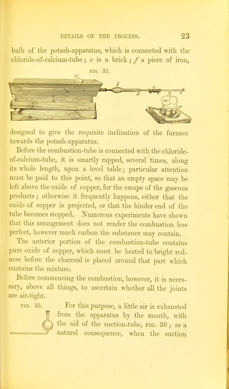bulb of the potash-apparatus, wliich is connected with the chloricle-of-calcium-tube; e is a brick; f a piece of iron, FIG. 35. designed to give the requisite inclination of the fui-nace towards the potash-apparatus. Before the combustion-tube is connected with the chloride- of-calcium-tube, it is smartly rapped, several times, along its whole length, upon a level table; particular attention must be paid to this point, so that an empty space may be left above the oxide of copper, for the escape of the gaseous products; otherwise it frequently happens, either that the oxide of copper is projected, or that the hinder end of the tube becomes stopped. Numerous experiments have shown that this arrangement does not render the combustion less perfect, however much carbon the substance may contain. The anterior portion of the combustion-tube contains pure oxide of copper, which must be heated to bright red- ness before the charcoal is placed around that part wliich contains the mixture. Before commencing the combustion, however, it is neces- sary, above all things, to ascertain whether all the joints are air-tight. FIG. 36. Por tliis purpose, a little air is exliausted from the apparatus by the mouth, with the aid of the suction-tube, fig. 36; as a natui'al consequence, when the suction