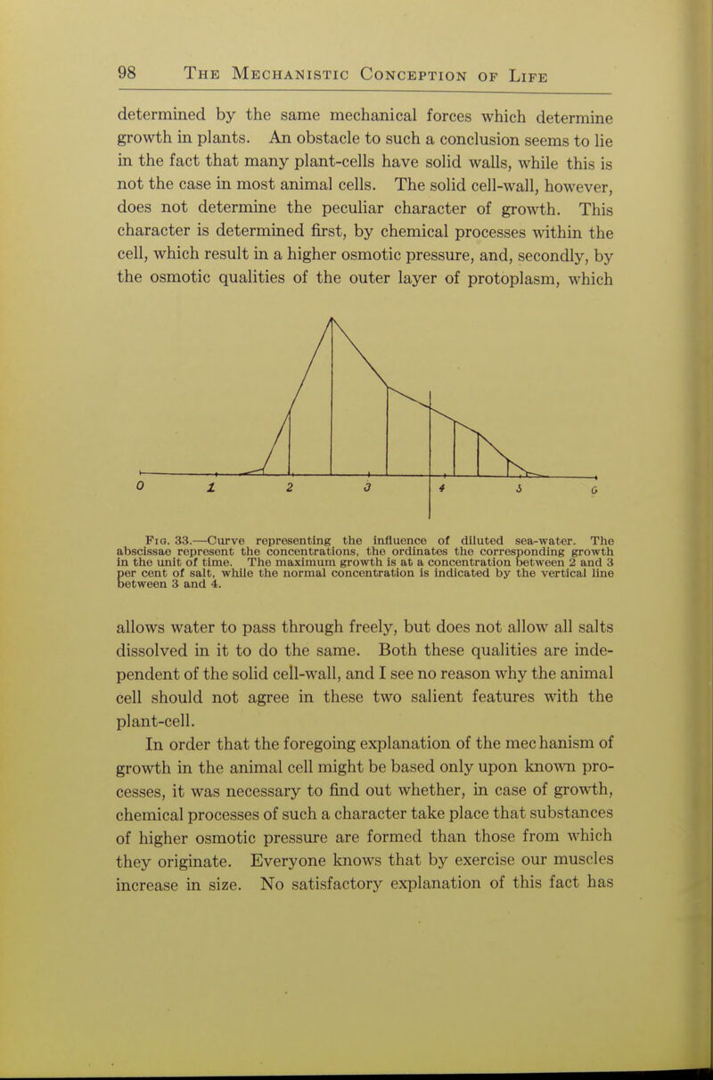 determined by the same mechanical forces which determine growth in plants. An obstacle to such a conclusion seems to lie in the fact that many plant-cells have solid walls, while this is not the case in most animal cells. The solid cell-wall, however, does not determine the peculiar character of growth. This character is determined first, by chemical processes within the cell, which result in a higher osmotic pressure, and, secondly, by the osmotic qualities of the outer layer of protoplasm, which Fig. 33.—Curve representing the influence of diluted sea-water. The abscissae represent the concentrations, the ordinates the corresponding growth in the unit of time. The maximum growth is at a concentration between 2 and 3 Eer cent of salt, while the normal concentration is indicated by the vertical line etween 3 and 4. allows water to pass through freely, but does not allow all salts dissolved in it to do the same. Both these qualities are inde- pendent of the solid cell-wall, and I see no reason why the animal cell should not agree in these two salient features with the plant-cell. In order that the foregoing explanation of the mec hanism of growth in the animal cell might be based only upon known pro- cesses, it was necessary to find out whether, in case of growth, chemical processes of such a character take place that substances of higher osmotic pressure are formed than those from which they originate. Everyone knows that by exercise our muscles increase in size. No satisfactory explanation of this fact has
