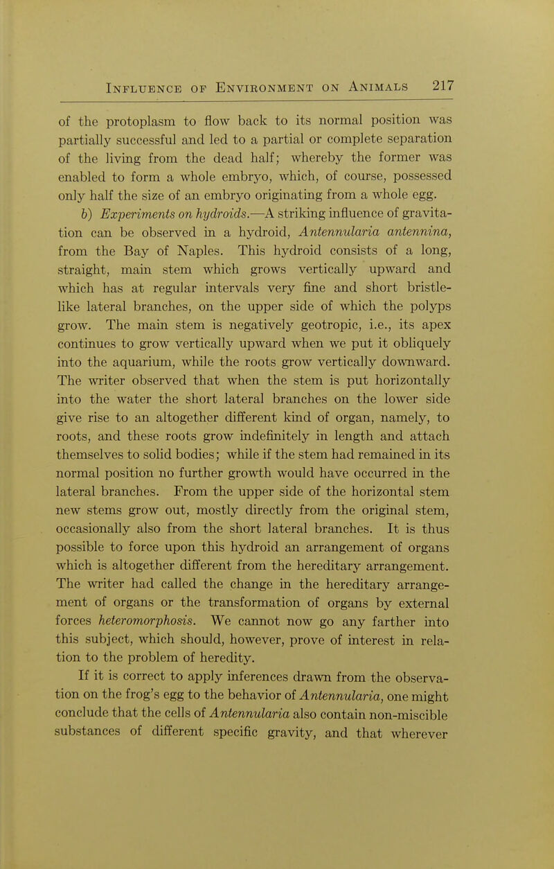 of the protoplasm to flow back to its normal position was partially successful and led to a partial or complete separation of the living from the dead half; whereby the former was enabled to form a whole embryo, which, of course, possessed only half the size of an embryo originating from a whole egg. b) Experiments on hydroids.—A striking influence of gravita- tion can be observed in a hydroid, Antennularia antennina, from the Bay of Naples. This hydroid consists of a long, straight, main stem which grows vertically upward and which has at regular intervals very fine and short bristle- like lateral branches, on the upper side of which the polyps grow. The main stem is negatively geotropic, i.e., its apex continues to grow vertically upward when we put it obliquely into the aquarium, while the roots grow vertically downward. The writer observed that when the stem is put horizontally into the water the short lateral branches on the lower side give rise to an altogether different kind of organ, namely, to roots, and these roots grow indefinitely in length and attach themselves to solid bodies; while if the stem had remained in its normal position no further growth would have occurred in the lateral branches. From the upper side of the horizontal stem new stems grow out, mostly directly from the original stem, occasionally also from the short lateral branches. It is thus possible to force upon this hydroid an arrangement of organs which is altogether different from the hereditary arrangement. The writer had called the change in the hereditary arrange- ment of organs or the transformation of organs by external forces heteromorphosis. We cannot now go any farther into this subject, which should, however, prove of interest in rela- tion to the problem of heredity. If it is correct to apply inferences drawn from the observa- tion on the frog's egg to the behavior of Antennularia, one might conclude that the cells of Antennularia also contain non-miscible substances of different specific gravity, and that wherever