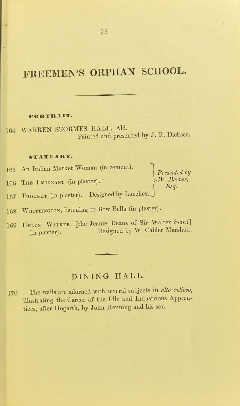 FREEMEN^S ORPHAN SCHOOL. POIITRAIT. 164 WARREN STORMES HALE, Aid. Painted and presented by J. R. Dicksee. STATUARY. 165 An Italian Market Woman (in cement). 1 ^ Presented by 166 The Emigrant (in plaster). • yW. Barnes. ^ Esq. 167 Thought (in plaster). Designed by Lucchesi. J 168 Whittington, listening to Bow Bells (in plaster). 169 Helen Walker [tbe Jeanie Deans of Sir Walter Scott] (in plaster). Designed by W. Calder Marshall. DINING HALL. 170 Tbe walls are adorned with several subjects in alto relievo, iUustrating the Career of the Idle and Industrious Appren- tices, after Hogarth, by John Henning and his son.