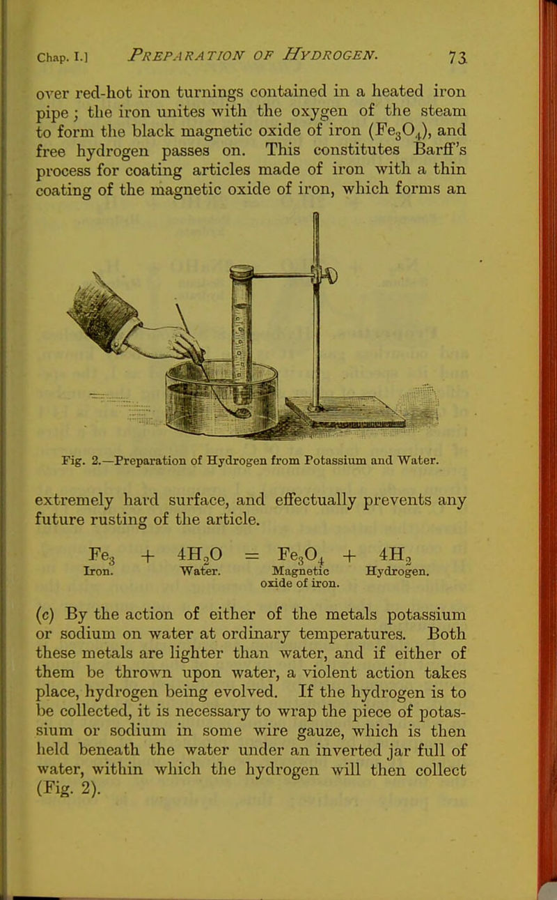 over red-hot iron turnings contained in a heated iron pipe; the iron unites with the oxygen of tlie steam to form the black magnetic oxide of iron (FegO^.), and free hydrogen passes on. This constitutes Barff's process for coating articles made of iron with a thin coating of the magnetic oxide of iron, which forms an Fig. 2.—Preparation of Hydrogen from Potassium and Water. extremely hard surface, and effectually prevents any future rusting of the article. Feg + 4H2O = FegO^ + Iron. Water. Magnetic Hydrogen. oxide of iron. (c) By the action of either of the metals potassium or sodium on water at ordinary temperatures. Both these metals are lighter than water, and if either of them be thrown upon water, a violent action takes place, hydrogen being evolved. If the hydrogen is to be collected, it is necessary to wrap the piece of potas- sium or sodium in some wire gauze, which is then lield beneath the water under an inverted jar full of water, within which the hydrogen will then collect (Fig. 2).