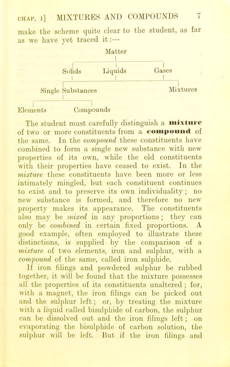 make the scheme quite clear to the student, as far as we have yet traced it:— Matter Solids Liquids Gases Single Substances Mixtures Elements Compounds The student must carefully distinguish a mixture of two or more constituents from a compound of the same. In the compound these constituents have combined to form a single new substance with new properties of its own, while the old constituents with their properties have ceased to exist. In the mixture these constituents have been more or less intimately mingled, but each constituent continues to exist and to preserve its own individuality ; no new substance is formed, and therefore no new property makes its appearance. The constituents also may be mixed in any proportions ; they can only be combined in certain fixed proportions. A good example, often employed to illustrate these distinctions, is supplied by the comparison of a mixture of two elements, iron and sulphur, with a compound of the same, called iron sulphide. If iron filings and powdered sulphur be rubbed together, it will be found that the mixture possesses all the properties of its constituents unaltered ; for, with a magnet, the iron filings can be picked out and the sulphur left; or, by treating the mixture with a liquid called bisulphide of carbon, the sulphur can be dissolved out and the iron filings left; on evaporating the bisulphide of carbon solution, the sulphur will be left. But if the iron filings and