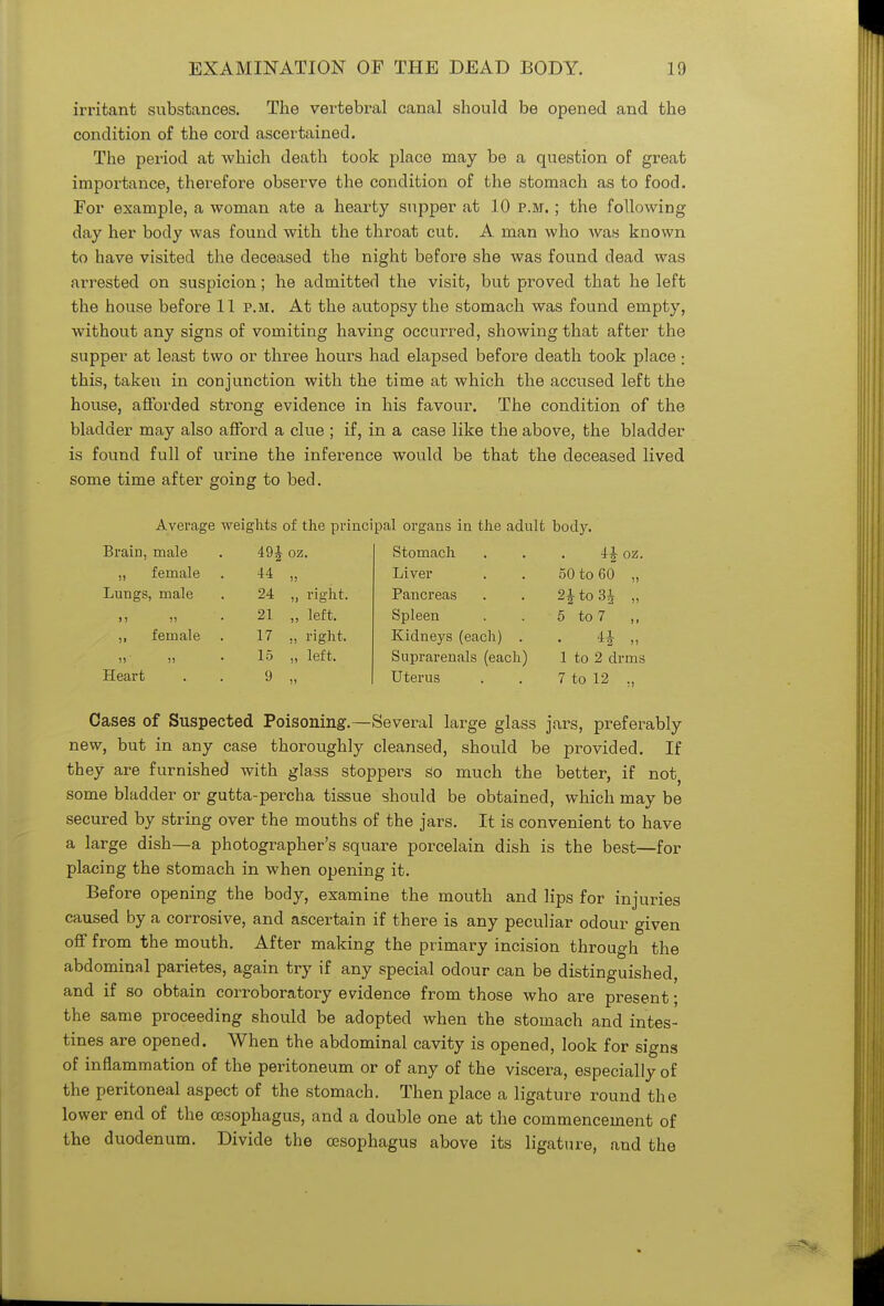 irritant substances. The vertebral canal should be opened and the condition of the cord ascertained. The period at which death took place may be a question of great importance, therefore observe the condition of the stomach as to food. For example, a woman ate a hearty supper at 10 p.m. ; the following- day her body was found with the throat cut. A man who was known to have visited the deceased the night before she was found dead was arrested on suspicion; he admitted the visit, but proved that he left the house before 11 p.m. At the autopsy the stomach was found empty, without any signs of vomiting having occurred, showing that after the supper at least two or three hours had elapsed before death took place : this, taken in conjunction with the time at which the accused left the house, afforded strong evidence in his favour. The condition of the bladder may also afford a clue ; if, in a case like the above, the bladder is found full of urine the inference would be that the deceased lived, some time after going to bed. Average weights of the principal organs in the adult body. BraiD, male m oz. Stomach ^ oz. » female 44 ii Liver 50 to 60 „ Lungs , male 24 „ right. Pancreas 2£to3i „ > > 11 21 „ left. Spleen 5 to 7 ii female 17 right. Kidneys (each) . 41 • * 2 11 i) ii 15 „ left. Suprarenals (each) 1 to 2 drms Heart 9 ii Uterus 7 to 12 ., Cases of Suspected Poisoning.—Several large glass jars, preferably new, but in any case thoroughly cleansed, should be provided. If they are furnished with glass stoppers go much the better, if not, some bladder or gutta-percha tissue should be obtained, which may be secured by string over the mouths of the jars. It is convenient to have a large dish—a photographer's square porcelain dish is the best—for placing the stomach in when opening it. Before opening the body, examine the mouth and lips for injuries caused by a corrosive, and ascertain if there is any peculiar odour given off from the mouth. After making the primary incision through the abdominal parietes, again try if any special odour can be distinguished, and if so obtain corroboratory evidence from those who are present; the same proceeding should be adopted when the stomach and intes- tines are opened. When the abdominal cavity is opened, look for signs of inflammation of the peritoneum or of any of the viscera, especially of the peritoneal aspect of the stomach. Then place a ligature round the lower end of the oesophagus, and a double one at the commencement of the duodenum. Divide the oesophagus above its ligature, and the
