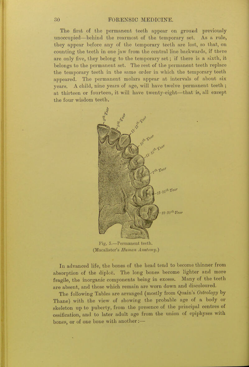 The first of the permanent teeth appear on ground previously unoccupied—behind the rearmost of the temporary set. As a rule, they appear before any of the temporary teeth are lost, so that, on counting the teeth in one jaw from the central line backwards, if there are only five, they belong to the temporary set; if there is a sixth, it belongs to the permanent set. The rest of the permanent teeth replace the temporary teeth in the same order in which the temporary teeth appeared. The permanent molars appear at intervals of about six years. A child, nine years of age, will have twelve permanent teeth ; at thirteen or fourteen, it will have twenty-eight—that is, all except the four wisdom teeth. m-iS-30'h-Year Fig. 5.—Permanent teeth. (Macalister's Human Anatomy.) In advanced life, the bones of the head tend to become thinner from absorption of the diploe. The long bones become lighter and more fragile, the inorganic components being in excess. Many of the teeth are absent, and those which remain are worn down and discoloured. The following Tables are arranged (mostly from Quain's Osteology by Thane) with the view of showing the probable age of a body or skeleton up to puberty, from the presence of the principal centres of ossification, and to later adult age from the union of epiphyses with bones, or of one bone with another:—