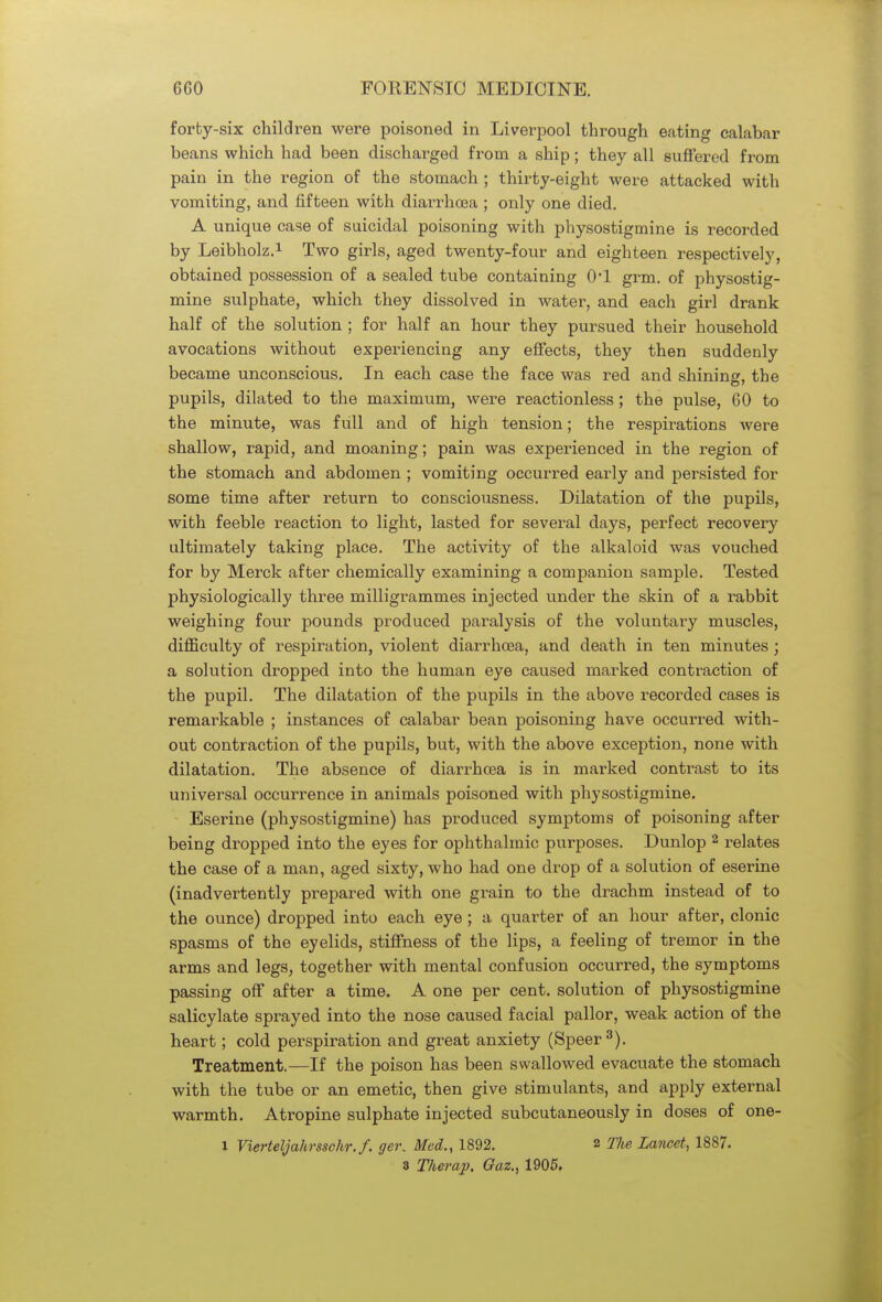 forty-six children were poisoned in Liverpool through eating calabar beans which had been discharged from a ship; they all suffered from pain in the region of the stomach ; thirty-eight were attacked with vomiting, and fifteen with diarrhoea ; only one died. A unique case of suicidal poisoning with physostigmine is recorded by Leibholz.1 Two girls, aged twenty-four and eighteen respectively, obtained possession of a sealed tube containing O'l grm. of physostig- mine sulphate, which they dissolved in water, and each girl drank half of the solution ; for half an hour they pursued their household avocations without experiencing any effects, they then suddenly became unconscious. In each case the face was red and shining, the pupils, dilated to the maximum, were reactionless; the pulse, 60 to the minute, was full and of high tension; the respirations were shallow, rapid, and moaning; pain was experienced in the region of the stomach and abdomen ; vomiting occurred early and persisted for some time after return to consciousness. Dilatation of the pupils, with feeble reaction to light, lasted for several days, perfect recovery ultimately taking place. The activity of the alkaloid was vouched for by Merck after chemically examining a companion sample. Tested physiologically three milligrammes injected under the skin of a rabbit weighing four pounds produced paralysis of the voluntary muscles, difficulty of respiration, violent diarrhoea, and death in ten minutes; a solution dropped into the human eye caused marked contraction of the pupil. The dilatation of the pupils in the above recorded cases is remarkable ; instances of calabar bean poisoning have occurred with- out contraction of the pupils, but, with the above exception, none with dilatation. The absence of diarrhoea is in marked contrast to its universal occurrence in animals poisoned with physostigmine. Eserine (physostigmine) has produced symptoms of poisoning after being dropped into the eyes for ophthalmic purposes. Dunlop 2 relates the case of a man, aged sixty, who had one drop of a solution of eserine (inadvertently prepared with one grain to the drachm instead of to the ounce) dropped into each eye ; a quarter of an hour after, clonic spasms of the eyelids, stiffness of the lips, a feeling of tremor in the arms and legs, together with mental confusion occurred, the symptoms passing off after a time. A one per cent, solution of physostigmine salicylate sprayed into the nose caused facial pallor, weak action of the heart; cold perspiration and great anxiety (Speer3). Treatment.—If the poison has been swallowed evacuate the stomach with the tube or an emetic, then give stimulants, and apply external warmth. Atropine sulphate injected subcutaneously in doses of one- l Vierteljahrsschr.f. gei\ Med., 1892. 2 The Lancet, 1887.