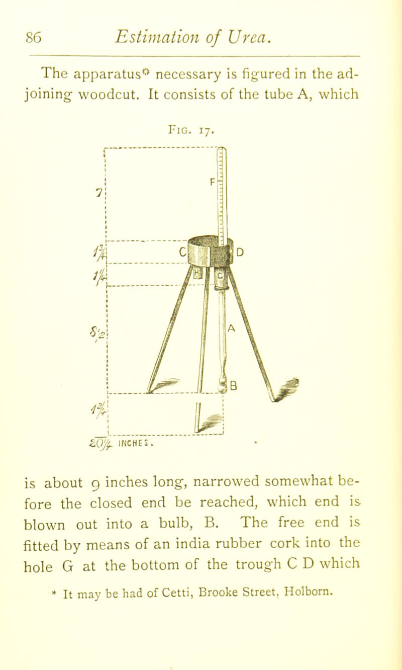 The apparatus*^ necessary is figured in the ad- joining- woodcut. It consists of the tube A, which Fig. 17. is about 9 inches long, narrowed somewhat be- fore the closed end be reached, which end is blown out into a bulb, B. The free end is fitted by means of an India rubber cork into the hole G at the bottom of the trough C D which * It may be had of Cetti, Brooke Street, Holborn.