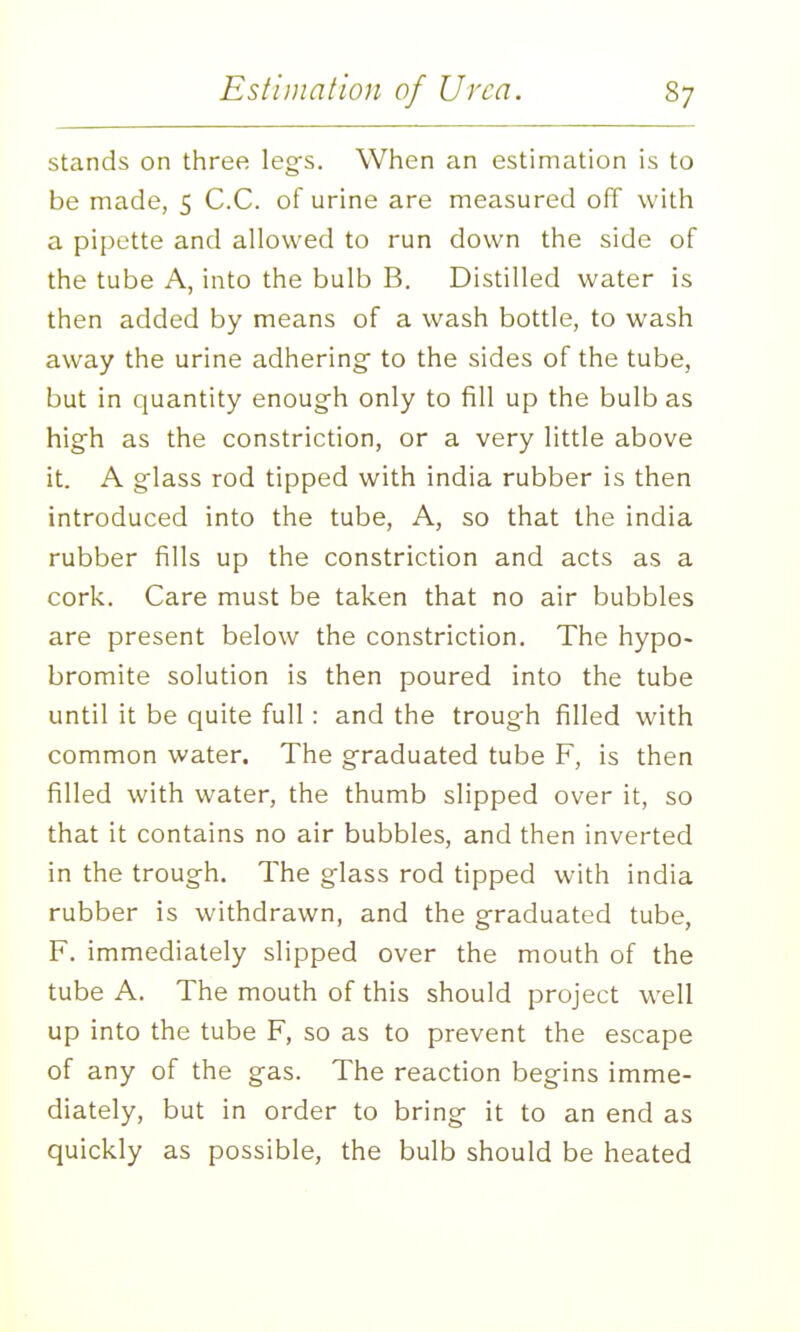 stands on three legs. When an estimation is to be made, 5 C.C. of urine are measured off with a pipette and allowed to run down the side of the tube A, into the bulb B. Distilled water is then added by means of a wash bottle, to wash away the urine adhering- to the sides of the tube, but in quantity enough only to fill up the bulb as high as the constriction, or a very little above it. A glass rod tipped with India rubber is then introduced into the tube, A, so that the India rubber fills up the constriction and acts as a cork. Care must be taken that no air bubbles are present below the constriction. The hypo- bromite solution is then poured into the tube until it be quite full: and the trough filled with common water. The graduated tube F, is then filled with water, the thumb slipped over it, so that it contains no air bubbles, and then inverted in the trough. The glass rod tipped with India rubber is withdrawn, and the graduated tube, F. immediately slipped over the mouth of the tube A. The mouth of this should project well up into the tube F, so as to prevent the escape of any of the gas. The reaction begins imme- diately, but in order to bring it to an end as quickly as possible, the bulb should be heated