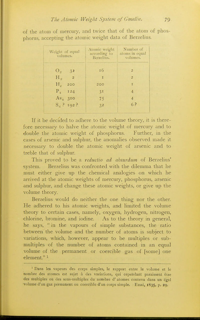 of the atom of mercury, and twice that of the atom of phos- phorus, accepting the atomic weight data of BerzeHus. \Vci,ijht (if equal volumes. Atomic weight .according to Berzelius. Number of atoms in equal volumes. 16 2 Ho 2 I 2 Hj, 200 200 I P4 124 31 4 AS4 300 75 4 S,; ? 192 ? 32 6? If it be decided to adhere to the volume theory, it is there- fore necessary to halve the atomic weight of mercury and to double the atomic weight of phosphorus. Further, in the cases of arsenic and sulphur, the anomalies observed made it necessary to double the atomic weight of arsenic and to treble that of sulphur. This proved to be a reductio ad absurdum of Berzelius' system. Berzelius was confronted with the dilemma that he must either give up the chemical analogies on which he arrived at the atomic weights of mercury, phosphorus, arsenic and sulphur, and change these atomic weights, or give up the volume theory. Berzelius would do neither the one thing nor the other. He adhered to his atomic weights, and limited the volume theory to certain cases, namely, oxygen, hydrogen, nitrogen, chlorine, bromine, and iodine. As to the theory in general, he says,  in the vapours of simple substances, the ratio between the volume and the number of atoms is subject to variations, which, however, appear to be multiples or sub- multiples of the number of atoms contained in an equal volume of the permanent or coercible gas of [some] one element. ^ ' Dans les vapeurs des corps simples, le rapport entre le volume et le ■nombre des atomes est sujet a des variations, qui cependant paraissent etre des multiples ou des sous-multiples du nontbre d' atomes contenu dans un egal volume d'un gaz permanent ou coercible d'un corps simple. Essai, 1835, p. 29.