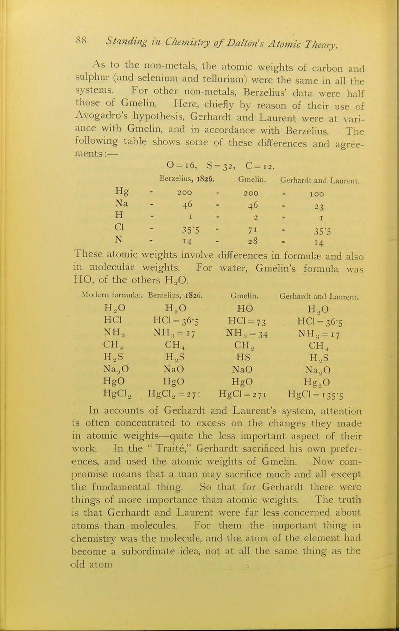 As to the non-metals, the atomic weights of carbon and sulphur (and selenium and tellurium) were the same in all the systems. For other non-metals, Berzelius' data were half those of Gmelin. Here, chiefly by reason of their use of Avogadro's hypothesis. Gerhardt and Laurent were at vari- ance with Gmelin, and in accordance with Berzelius. The following table shows some of these differences and agree- ments :— 0 = i6, S = 32, C=i2. Berzelius, 1826. Gmelin. Gerhardt and Laurent. Hg - 200 - 200 - 100 Na - 46 - 46 - 23 H - I - 2 - I CI - 35-5 - 71 - 35'5 N - 14 - 28 - 14 These atomic weights involve differences in formulae and also in molecular weights. For water, Gmelin's formula was HO, of the others H.O. rn formula: . Berzelius, 1826. Gmelin, Gerhardt and Laurent. H.,0 H..0 HO H.,0 HCl HCl = 36-5 HCl = 73 HCl =36-5 NH... NH., = 17 NH, = 34 NH..j = i7 CH, CH., CH, H.S H._,S HS' H.,S Na.,0 NaO NaO Na.,0 Hgb HgO HgO Hg.;o HgCl., HgCl, = 27i HgCl = 27i HgCl = 135-5 In accounts of Gerhardt and Laurent's system, attention is often concentrated to excess on the changes they made in atomic weights—quite the less important aspect of their work. In the  Traite, Gerhardt sacrificed his own prefer- ences, and used the atomic weights of Gmelin. Now com- promise means that a man may sacrifice much and all except the fundamental thing. .So that for Gerhardt there were things of more importance than atomic weights. The truth is that Gerhardt and Laurent were far less concerned about atoms than molecules. For them the important thing in chemistry was the molecule, and the, atom of the element had become a subordinate idea, not at all the same thing as the old atom