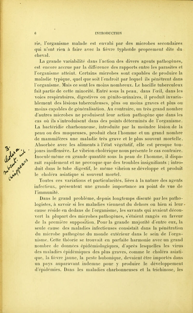 rie, l'organisme malade est envahi par des microbes secondaires qui n'ont rien à faire avec la fièvre typhoïde proprement dite du cheval. La grande variabilité dans l'action des divers agents pathogènes, est encore accrue par la diCFérence des rapports entre les parasites et l'organisme atteint. Certains microljes sont capables de produire la maladie typique, quel que soit l'endroit par lequel ils pénètrent dans l'organisme. Mais ce sont les moins nombreux. Le bacille tuberculeux fait partie de cette minorité. Entré sous la peau, dans l'oeil^, dans les voies respiratoires, digestives ou g'énito-urinaires, il produit invaria- blement des lésions tuberculeuses, plus ou moins graves et plus ou moins capables de g-énéralisation. Au contraire, un très grand nombre d'autres microbes ne produisent leur action pathogène que dans les cas où ils s'introduisent dans des points déterminés de l'organisme. La bactéridie charbonneuse, introduite par la moindre lésion de la peau ou des muqueuses, produit chez l'homme et un grand nomljre de mammifères une maladie très grave et le plus souvent mortelle. Absorbée avec les aliments à l'état végétatif, elle est presque tou- jours inotFensive. Le vibrion cholérique nous présente le cas contraire. Inoculé môme en grande quantité sous la peau de l'homme, il dispa- rait rapidement et ne provoque que des troubles insignifiants ; intro- duit dans le tube digestif, le môme vibrion se développe et produit le choléra asiatique si souvent mortel. Toutes ces variations et particularités, liées à la nature des agents infectieux, présentent une grande importance au point de vue de l'immunité. Dans le grand problème, depuis longtemps discuté parles patho- logistes, à savoir si les maladies viennent du dehors ou bien si leur « cause réside en dedans de l'organisme, les savants qui avaient décou- vert la plupart des microbes pathogènes, s'étaient rangés en faveur de la première supposition. Pour la grande majorité d'entre eux, la seule cause des maladies infectieuses consistait dans la pénétration du microbe pathogène du monde extérieur dans le sein de l'orga- nisme. Cette théorie se trouvait en parfaite harmonie avec un grand nombre de données épidémiologiques, d'après lesquelles les virus des maladies épidémiqucs des plus graves, comme le choléra asiati- que, la fièvre jaune, la peste bubonique, devaient être importés dans un pays auparavant indemne pour y produire le dévclopj)emcnt d'épidémies. Dans les maladies charbonneuses et la trichinose, les