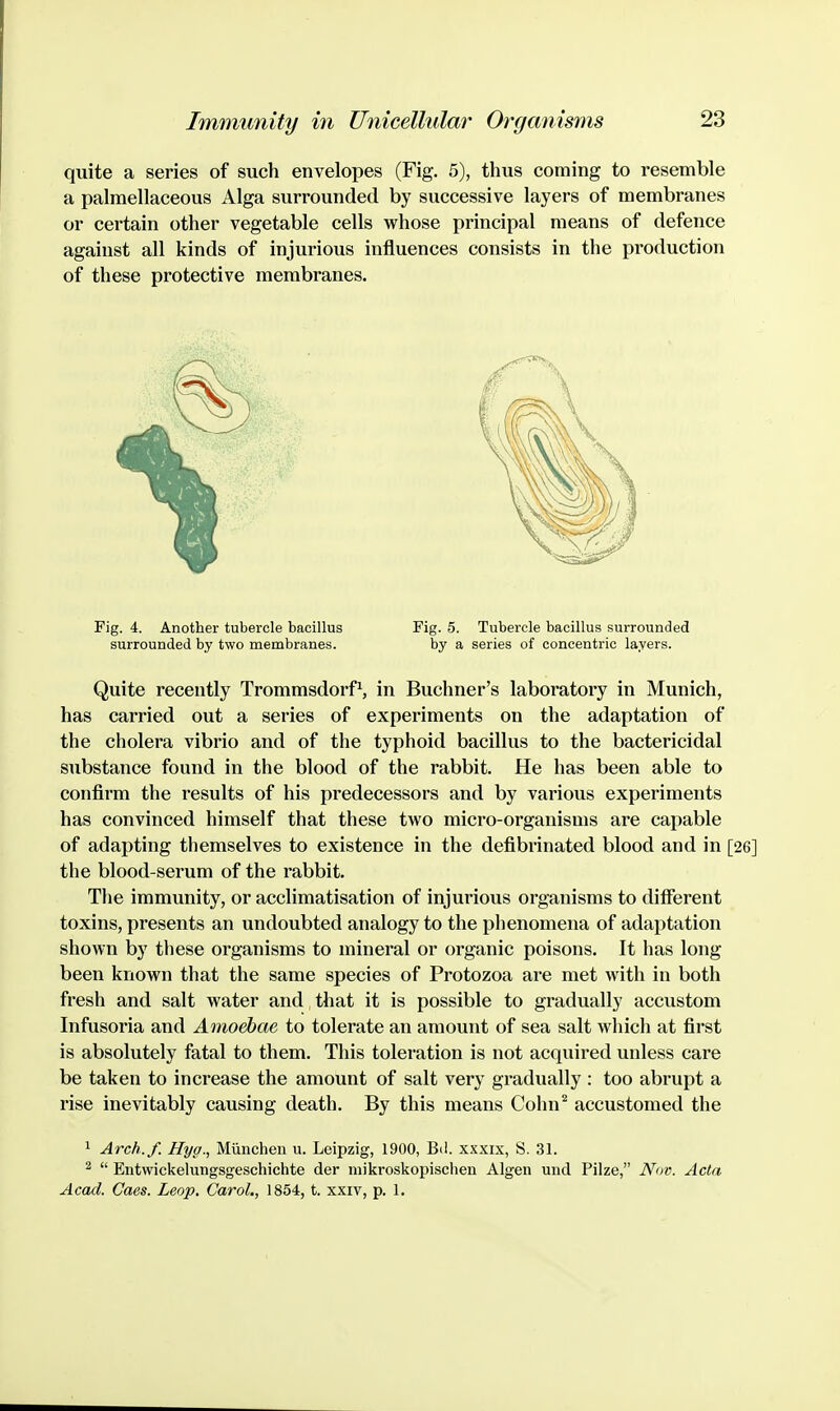 quite a series of such envelopes (Fig. 5), thus coming to resemble a palmellaceous Alga surrounded by successive layers of membranes or certain other vegetable cells whose principal means of defence against all kinds of injurious influences consists in the production of these protective membranes. Fig. 4. Another tubercle bacillus Fig. 5. Tubercle bacillus surrounded surrounded by two membranes. by a series of concentric layers. Quite recently TrommsdorP, in Buchner's laboratory in Munich, has carried out a series of experiments on the adaptation of the cholera vibrio and of the typhoid bacillus to the bactericidal substance found in the blood of the rabbit. He has been able to confirm the results of his predecessors and by various experiments has convinced himself that these two micro-organisms are capable of adapting themselves to existence in the defibrinated blood and in [26] the blood-serum of the rabbit. The immunity, or acclimatisation of injurious organisms to different toxins, presents an undoubted analogy to the phenomena of adaptation shown by these organisms to mineral or organic poisons. It has long been known that the same species of Protozoa are met with in both fresh and salt water and that it is possible to gradually accustom Infusoria and Amoebae to tolerate an amount of sea salt which at first is absolutely fatal to them. This toleration is not acquired unless care be taken to increase the amount of salt very gradually : too abrupt a rise inevitably causing death. By this means Cohn^ accustomed the 1 Arch.f. Hyg., Miincheu u. Leipzig, 1900, Bd. xxxix, S. 31. ^  Entwickelungsgeschichte der niikroskopischen Algen und Pilze, Nov. Acta Acad. Caes. Leop, Carol., 1854, t. xxiv, p. 1.