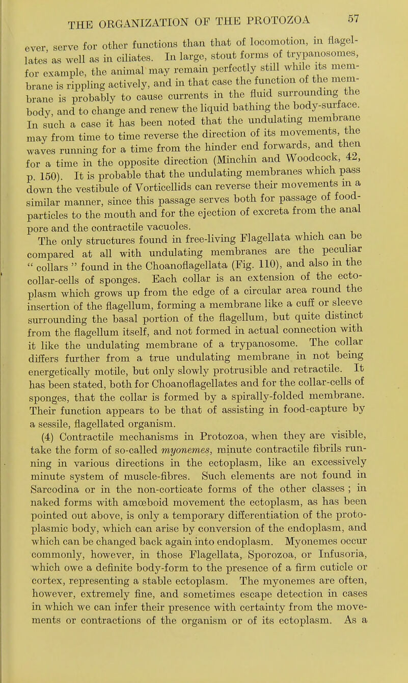 ever serve for other functions than that of locomotion, in flagel- lates' as well as in ciliates. In large, stout forms of trypanosomes, for example, the animal may remam perfectly still while its mem- brane is rippling actively, and in that case the function of the mem- brane is probably to cause currents in the fluid surroundmg the body, and to change and renew the liquid bathing the body-surface. In such a case it has been noted that the undulating membrane may from time to time reverse the direction of its movements the waves running for a time from the hinder end forwards, and then for a time in the opposite direction (Minchiii and Woodcock, p 150) It is probable that the undulatmg membranes which pass down the vestibule of Vorticellids can reverse their movements m a similar manner, since this passage serves both for passage of food- particles to the mouth and for the ejection of excreta from the anal pore and the contractile vacuoles. The only structures found in free-livmg Flagellata which can be compared at all with undulating membranes are the peculiar  collars  found m the Choanoflagellata (Fig. 110), and also m the collar-cells of sponges. Each collar is an extension of the ecto- plasm which grows up from the edge of a circular area round the insertion of the flagellum, formmg a membrane like a cufE or sleeve surrounding the basal portion of the flagellum, but quite distinct from the flagellum itself, and not formed in actual connection with it like the undulatmg membrane of a trypanosome. The collar differs further from a true undulating membrane in not being energetically motile, but only slowly protrusible and retractile. It has been stated, both for Choanoflagellates and for the collar-cells of sponges, that the collar is formed by a spirally-folded membrane. Their function appears to be that of assistuig m food-capture by a sessile, flagellated organism. (4) Contractile mechanisms in Protozoa, when they are visible, take the form of so-called myonemes, minute contractile fibrils run- ning in various directions in the ectoplasm, like an excessively minute system of muscle-fibres. Such elements are not found in Sarcodina or in the non-corticate forms of the other classes ; in naked forms with amcEboid movement the ectoplasm, as has been pointed out above, is only a temporary differentiation of the proto- plasmic body, which can arise by conversion of the endoplasm, and which can be changed back again into endoplasm. Myonemes occur commonly, however, in those Flagellata, Sporozoa, or Infusoria, which owe a definite body-form to the presence of a firm cuticle or cortex, representing a stable ectoplasm. The myonemes are often, however, extremely fine, and sometimes escape detection in cases in which we can infer their presence with certainty from the move- ments or contractions of the organism or of its ectoplasm. As a