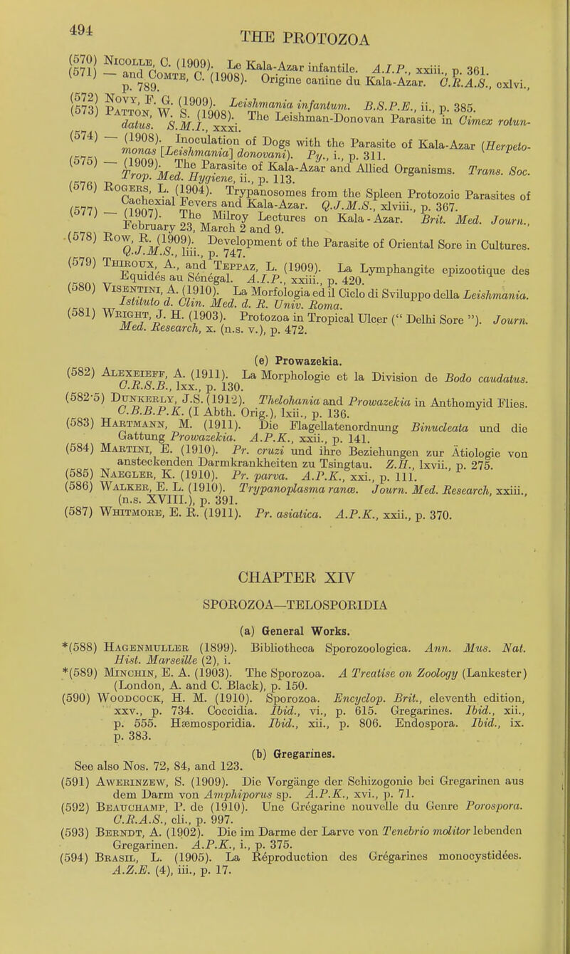 p 789 ^ ^' ''''^'^ ^'^ Itala-Azar. G.R.A.8.. cxlvi., <iaS. Alfi: xxxi Leishman-Donovan Parasite in Oimex roiun- (574) — (1908) Inoculation of Dogs with the Parasite of Kala-Azar (Herveto- [Leishmania] donovani). Py i p 311 l^ierpao ~ virVJ^^^'''''''^* °^ Kala-Azar'and Allied Organisms. Tm^. ^oc. t<i'7ii\ T> ^mene, ii., p. 113. ^ cSx^a/r*^- TyP^r^r^^ ^^^ SPI^^'^ I'^^*^^^^ P^tes of (677^ nqo?f ^^r^'^A^,''^ Kala-Azar. Q.J.M.S.. xlviii., p. 367. ^0/7) - (1907). The Miiroy Lectures on Kala-Azar. Brit. Med. Journ.. irn&\ T> ^^^^^^y 23, March 2 and 9. flow, R- (1909). Development of the Parasite of Oriental Sore in Cultures. y^.J.M.b., Im., p. 747. (579) THmoux, A., and Teppaz, L (1909). La Lymphangite epizootique des /^Q.^^ t7 ^^^^^^^ ^1 Senegal. ^./.P., xxiii., p. 420. ' ^ ^ ^ (080) ViSENTiNi A. (1910) La Morfologia ed il Qclo di Sviluppo deUa Leishmania. ,-o■,^ d. Chn. Med. d. R. Univ. Roma. (081) Weight, J. H. (1903). Protozoa in Tropical Ulcer ( Delhi Sore ). Journ. Med. Research, x. (n.s. v.), p. 472. ' (e) Prowazekia, (582) Alexeieff, A. (1911). La Morphologic et la Division de Bodo caudatus. O.R.ii.B., Ixx., p. 130. (582-5) DuNKERLY, J.S. (1912). Thelohania and Prowazekia in Anthomyid Flies. G.B.B.P.K. (I Abth. Orig.), Ixii., p. 136. (583) Habtmann, M. (1911). Die FlageUatenordnung Binucleata und die Gattung Prowazekia. A.P.K.. xxii., p. 141. (584) Martini, E. (1910). Pr. cruzi und ihro Beziehungen zur Atiologie von ansteckenden Darmkrankheiten zu Tsingtau. Z.H. Ixvii. p 275 (585) Naegler, K. (1910). Pr. jiarva. A.P.K., xxi., p. 111. (586) Walker, E. L. (1910). Trypanoplasma ranoe. Journ. Med. Research, xxiii. (n.s. XVIII.), p. 391. (587) Whitmore, E. R. (1911). Pr. asiatica. A.P.K.. xxii., p. 370. CHAPTER XIV SPOROZOA—TELOSPORIDIA (a) General Works. *(588) Hagenmulleb (1899). Bibliotheca Sporozoologica. Ann. Mus. Nat. Hist. Marseille (2), i. *(589) Minchin, E. A. (1903). The Sporozoa. A Treatise on Zoology (Laukester) (London, A. and C. Black), p. 150. (590) Woodcock, H. M. (1910). Sporozoa. Encydcp. Brit., eleventh edition, XXV., p. 734. Coccidia. Ibid., vi., p. 615. Gregarines. Ibid., xii., p. 555. Hsemosporidia. Ibid., xii., p. 806. Endospora. Ibid., ix. p. 383. (b) Gregarines. See also Nos. 72, 84, and 123. (591) AwERiNZEW, S. (1909). Die Vorgiinge der Schizogonie bci Grcgarmen aus dem Darm von Aniphiporus sp. A.P.K., xvi., p. 71. (592) BEAtrcnAMr, P. de (1910). Uue Gregarine nouvclle du Geiu-e Porospora. G.R.A.S., cli., p. 997. (593) Berndt, a. (1902). Die im Darme der Larve von Tenebrio ?no^«<or lebendcn Gregarinen. A.P.K., i., p. 375. (594) Brasil, L. (1905). La Reproduction des Gregarmcs monocystidees. A.Z.E. (4), iii., p. 17.