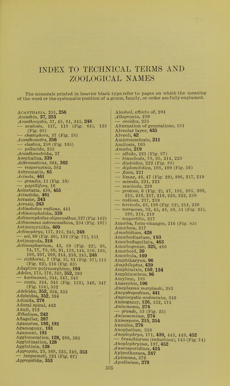 INDEX TO TECHNICAL TERMS AND ZOOLOGICAL NAMES The numerals printed in heavier black type refer to pages on which the moaning of tho word or the systematic position of a genus, family, or order are fully explained. ACANTHARIA, 251, 256 Acanthin, 37, 253 Acanthocystis, 37, 48, 91, 245, 248 — aculeata, 117, 118 (Fig. 64), 123 (Fig. 68) ■— chcetophora, 37 (Fig. 18) Acanthometra, 256 — elaslica, 250 (Fig. 105) — pellucida, 255 Acanthometridm, 37 Acophalina, 339 Achromaticus, 364, 382 — vesperuginis, 382 Achromatin, 65 Aeineta, 461 — grandis, 11 (Fig. 10) — papillifera, 16 Aoinetaria, 430, 455 Acinetidco, 461 Acrasise, 243 Acrasis, 243 Aclinobolus radians, 441 Actinocephalidm, 339 Aclinocephalus oUgacardhus, 327 (Fig. 142) Actinomma asteracanthion, 254 (Fig. 107) Actinomyxidia, 409 Actinophrys, 117, 215, 245, 248 — sol, 90 (Fig. 46), 132 (Fig. 71), 151 Actinopoda, 218 AclinosphcBrium, 43, 50 (Fig. 22), 68, 74, 77, 78, 80, 91, 138, 144, 150, 193, 198. 207. 209, 214, 216, 245, 248 — eichhorni, 7 (Fig. 3), 81 (Fig. 37), 115 (Fig. 62), 116 (Fig. 63) Adaptive polymorphism, 164 Adelea, 175, 176. 348. 352, 393 — harimanni, 344, 347, 348 — ovata, 344, 345 (Fig. 153), 346. 347 (Fig. 154), 352 Adeleidm, 352, 354. 355 Adeloidea. 352. 394 Adinida, 278 Adoral spiral. 442 Adult, 212 Mthalium, 242 Aflagellar, 287 Agametes, 180,181 Agamogony, 181 Agamont, 181 Agglomeration. 128, 209, 305 Agglutination, 128 Agglutinin, 128 Aggreaata, 23. 168, 325, 348, 353 — jacquemeli, 121 (Fig. 67) Aggregatidw, 353 Alcohol, efiEocts of, 204 Allogromia, 230 — ovoidea, 235 Alternation of generations, 181 Alveolar layer, 435 Alveoli, 42 Amicronucleate, 211 Amitosis, 105 Amceba, 219 — alUda, 221 (Fig. 87) — Mnucleata, 78, 95, 214, 223 — diploidea, 222 (Fig. 88) — diplomitotica, 108, 109 (Fig. 56) — flava, 221 — Umax, 46, 47 (Fig. 20), 206. 217. 219 — minuta, 221, 223 — mucicola, 220 — proteus, 6 (Fig. 2). 47. 191, 205, 209, 215, 216, 217, 219, 220, 222, 230 — radiosa, 217, 219 — terricola, 48, 190 (Fig. 82), 214, 220 — verrucosa, 32. 45, 48. 50, 51 (Fig. 23), 198, 214. 219 — vespertilio, 217 Amoeha. form-changes, 216 (Fig. 85) Amoehcea, 217 Amoebidium, 428 Amoehodiastase, 193 Amcehoflagellata, 463 Amoebogeniee, 325, 466 Amoeboid, 30 Amoebula, 169 Amphikaryon, 96 Amphileptus, 439 Amphimixis, 150,154 Amphinucleus, 96 Amylum, 188 Anaerobic, 196 Anaplasma marginale, 383 Ancystropodium, 441 Angeiocystis audouinio), 349 Anisogamy, 126, 132, 175 Anisonema, 274 — grande, 53 (Fig. 25) Anisoneminm, 274 Anisospore, 215, 254 Annulus, 276 Anopholinte, 358 Anoplophrya, 171, 439, 443, 449, 452 — branchiarum (reduction). 145 (Fig. 74) Anoplophryinm, 197, 452 Anurosporidium, 424 Aphrothoraca, 247 Apiosoma, 379 Apodinium, 278