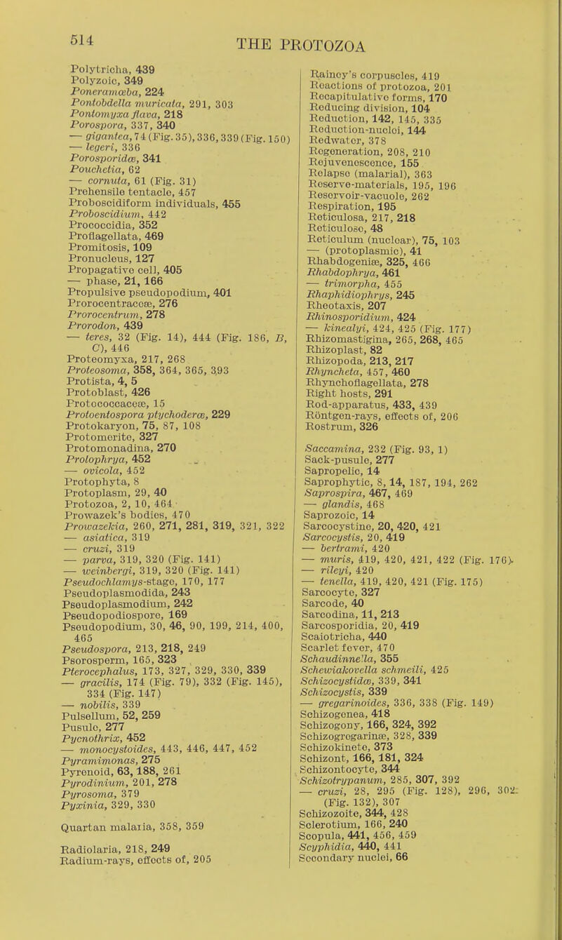 Polytricha, 439 Polyzoic, 349 Poneraviceha, 224 Pontobddla muricala, 291, 303 Ponloviyxa flam, 218 Porospora, 337, 340 — gioantca.H (.Fig. 35), 336,339 (Fig. 150) — legeri, 336 Porosporidm, 341 Pouchetia, 62 — cormita, 61 (Fig. 31) Prehensile tentacle, 457 Proboscidiform individuals, 455 Prohoscidium, 442 Prococcidia, 352 Proflagollata, 469 Promitosis, 109 Pronucleus, 127 Propagative eel), 405 — phase, 21,166 Propulsive pseudopodium, 401 Prorocentracoee, 276 Prorocentrum, 278 Prorodon, 439 — teres, 32 (Fig. 14), 444 (Fig. 186, B, C), 446 Proteomyxa, 217, 268 Proteosoma, 358, 364, 365, 3.93 Protista, 4, 5 Protoblast, 426 Protococcacoije, 15 Protoentospora ptychoderce, 229 Protokaryon, 75, 87, 108 Protomorito, 327 Protomonadina, 270 Prolophrya, 452 — ovicola, 452 Protopliyta, 8 Protoplasm, 29, 40 Protozoa, 2, 10, 464 Prowazek's bodies, 470 Prowazekia, 260, 271, 281, 319, 321, 322 — asiatica, 319 — cruzi, 319 — parva, 319, 320 (Fig. 141) — weinbergi, 319, 320 (Fig. 141) Pseudochlamys-Btago, 170, 177 Pseudoplasmodida, 243 Pseudoplasmodium, 242 Peeudopodiosporo, 169 Pseudopodium, 30, 46, 90, 199, 214, 400, 465 Pseudospora, 213, 218, 249 Psorosperm, 165, 323 Pterocephalus, 173, 327, 329, 330, 339 — gracilis, 174 (Fig. 79), 332 (Fig. 145), 334 (Fig. 147) — nobilis, 339 Pulsellum, 52, 259 Pusulc, 277 Pycnothrix, 452 — monocystoides, 443, 446, 447, 452 Pyramimonas, 275 Pyronoid, 63,188, 261 Pyrodinium, 201, 278 Pyrosoma, 379 Pyxinia, 329, 330 Quartan malaria, 358, 359 Radiolaria, 218, 249 Radium-rays, oHects of, 205 Rainey's corpusclos, 419 Reactions of protozoa, 201 Recapitulative forms, 170 Reducing division, 104 Reduction, 142, 145, 335 Reduction-nuclei, 144 Redwater, 378 Regeneration, 208, 210 Rejuvenescence, 155 Relapse (malarial), 363 Reserve-materials, 195, 196 Reservoir-vacuole, 262 Respiration, 195 Reticulosa, 217, 218 Reticuloso, 48 Reticuliun (nuclear), 75, 103 — (protoplasmic), 41 Rhabdogeniee, 325, 406 Phabdophrya, 461 — trimorpha, 455 Rhaphidiophrys, 245 Rhootaxis, 207 Rhinosporidium, 424 — kinealyi, 424, 425 (Fig. 177) Rhizomastigina, 265, 268, 465 Rhizoplast, 82 Rhizopoda, 213, 217 Rhyncheta, 457, 460 Rhynchoflagellata, 278 Right hosts, 291 Rod-apparatus, 433, 439 Rontgen-rays, effects of, 206 Rostrum, 326 Saccamina, 232 (Fig. 93, 1) Sack-pusulo, 277 Sapropelic, 14 Saprophytic, 8,14, 187, 194, 262 Saprospira, 467, 469 — glandis, 468 Saprozoic, 14 Sarcocystine, 20, 420, 421 Sarcocystis, 20, 419 — bertrami, 420 — muris, 419, 420, 421, 422 (Fig. 170). — rileyi, 420 — tenella, 419, 420, 421 (Fig. 175) Sarcocyte, 327 Sarcode, 40 Sarcodina, 11, 213 Sarcosporidia, 20, 419 Scaiotricha, 440 Scarlet fever, 470 Schaudinnella, 355 Schewiakovella schmeili, 425 Schizocystidm, 339, 341 Schizocystis, 339 — gregarmoides, 336, 338 (Fig. 149) Schizogenea, 418 Schizogony, 166, 324, 392 SchizogrogarintE, 328, 339 Schizokinete, 373 Schizont, 166,181, 324 Schlzontocyte, 344 Schizotrypanuvi, 285, 307, 392 — cruzi, 28, 295 (Fig. 128), 290, 30!i. (Fig. 132), 307 Schizozoito, 344, 428 Sclerotium, 166, 240 Scopula, 441, 456, 459 Scyphidia, 440, 441 Secondary nuclei, 66