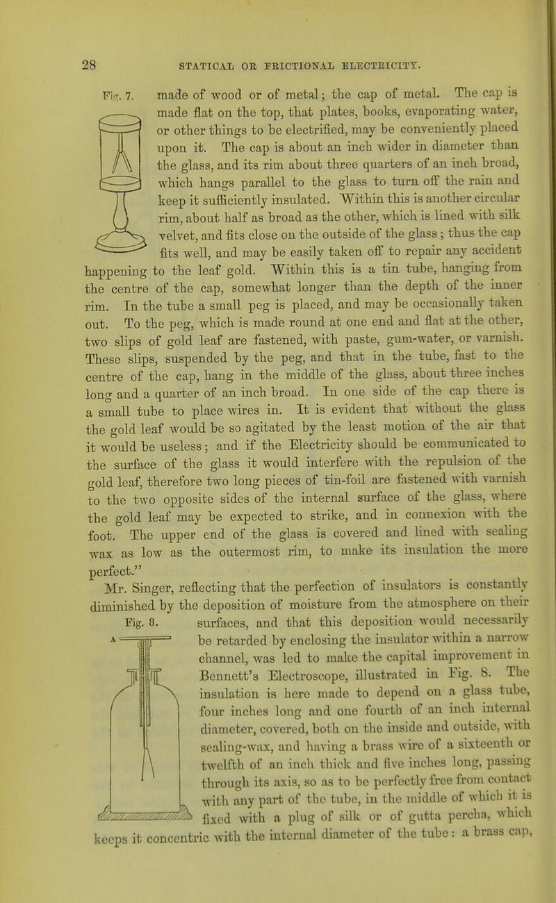 Fior. 7. made of wood or of metal; the cap of metal. The cap is made flat on the top, that plates, books, evaporating water, or other things to be electrified, may be conveniently placed upon it. The cap is about an inch wider in diameter than the glass, and its rim about three quarters of an inch broad, which hangs parallel to the glass to turn off the rain and keep it sufliciently insulated. Within this is another circular rim, about half as broad as the other, which is lined with silk velvet, and fits close on the outside of the glass; thus the cap fits well, and may be easily taken off to repair any accident happening to the leaf gold. Within this is a tin tube, hanging from the centre of the cap, somewhat longer than the depth of the inner rim. In the tube a small peg is placed, and may be occasionally taken out. To the peg, which is made round at one end and flat at the other, two slips of gold leaf are fastened, with paste, gum-water, or varnish. These slips, suspended by the peg, and that in the tube, fast to the centre of the cap, hang in the middle of the glass, about three inches long and a quarter of an inch broad. In one side of the cap there is a smalL tube to place wires in. It is evident that without the glass the gold leaf would be so agitated by the least motion of the air that it would be useless; and if the Electricity should be communicated to the surface of the glass it would interfere with the repulsion of the gold leaf, therefore two long pieces of tin-foil are fastened with varnish to the two opposite sides of the internal surface of the glass, where the gold leaf may be expected to strike, and in connexion with the foot. The upper end of the glass is covered and lined with sealing wax as low as the outermost rim, to make its insulation the more perfect. Mr. Singer, reflecting that the perfection of insulators is constantly diminished by the deposition of moisture from the atmosphere on their Fig. 8. surfaces, and that this deposition would necessarily be retarded by enclosing the insulator Avithin a narrow channel, was led to make the capital improvement in Bennett's Electroscope, illustrated in Eig. 8. The insulation is here made to depend on a glass tube, four inches long and one fourth of an inch internal diameter, covered, both on the inside and outside, with sealing-wax, and having a brass wire of a sixteenth or twelfth of an inch thick and five inches long, passing through its axis, so as to be perfectly free from contact with any part of the tube, in the middle of which it is fixed with a plug of silk or of gutta percha, Avhich keeps it concentric with the internal diameter of the tube: a brass cap,