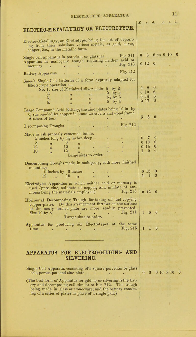 ELEOTBOTTPE APPA.BA.TITS. ELECTRO-METALLURGY OR ELECTROTYPE. Electro-Metallurgy, or Electrotype, being the art of deposit- ing from their solutions various metals, as gold, silver, copper, &c., in the metallic form. Single cell apparatus in porcelain or glass jar . Fig. 211 Apparatus in mahogany trough requiring neither acid or Fie. 21o mercury . . • • • x ig. * Battery Apparatus ... • • ^'S- 212 Smee's Single Cell batteries of a form expressly adapted for Electrotype operation :— No. 1. size of Platinized silver plate 4 by 2 2. „ 5 by 3 4. „ „ 6 by 4 11 £ 8. d. £ B. d. Large Compound Acid Battery, the zinc plates being 10 in. by 6, surrounded by copper in stone-ware cells and vrood frame. A series of four . . . • • Decomposing Troughs . • • Fig. 212 Made in ash properly cemented inside. 5 inchfcs long by 4^ inches deep. . . 8 „ 6 „ . . . 12 „ 10 „ . . . 18 12 „ . • Large sizes to order. Decomposing Troughs made in mahogany, with more finished mountings 9 inches by 6 inches 12 „ 10 „ Electrotype Apparatus in which neither acid or mercury is used (pure zinc, sulphate of copper, and muriate of am- monia being the materials employed) . Fig. 213 Horizontal Decomposing Trough for taking off and copying copper-plates. By this arrangement furrows on the surface ot the newly formed plate are more readily prevented. Size 10 by 8 . . . . Fig. 214 Larger sizes to order. Apparatus for producing six Electrotypes at the same time ..... Fig. 215 APPARATUS FOR ELECTRO GILDING AND SILVERING. Single Cell Apparatu. consisting of a square porcelain or glass (The best form of Apparatus for gilding or silvering is the bat- ery and decomposing cell similar to Fig. 212. The trough being made in glass or stone-ware, and the battery consist- ing of a series of plates in place of a single pair.) 0 3 6 to 0 10 6 0 12 0 0 8 6 0 10 6 0 14 6 0 17 6 5 5 0 0 7 0 0 10 0 0 14 0 1 0 0 0 15 0 1 1 0 0 12 0 10 0 1 1 0