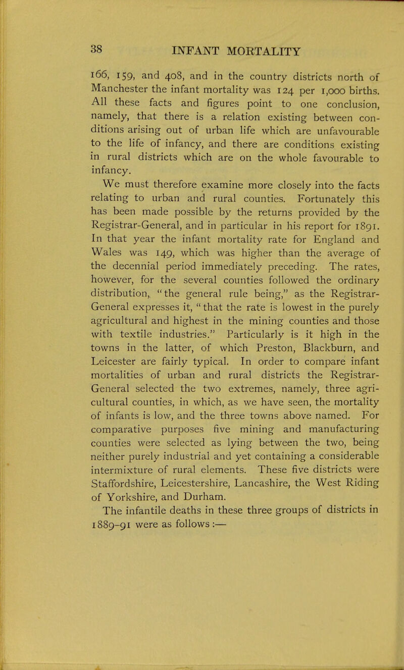 i66, 159, and 408, and in the country districts north of Manchester the infant mortahty was 124 per 1,000 births. All these facts and figures point to one conclusion, namely, that there is a relation existing between con- ditions arising out of urban life which are unfavourable to the life of infancy, and there are conditions existing in rural districts which are on the whole favourable to infancy. We must therefore examine more closely into the facts relating to urban and rural counties. Fortunately this has been made possible by the returns provided by the Registrar-General, and in particular in his report for 1891. In that year the infant mortality rate for England and Wales was 149, which was higher than the average of the decennial period immediately preceding. The rates, however, for the several counties followed the ordinary distribution, the general rule being, as the Registrar- General expresses it,  that the rate is lowest in the purely agricultural and highest in the mining counties and those with textile industries. Particularly is it high in the towns in the latter, of which Preston, Blackburn, and Leicester are fairly typical. In order to compare infant mortalities of urban and rural districts the Registrar- General selected the two extremes, namely, three agri- cultural counties, in which, as we have seen, the mortality of infants is low, and the three towns above named. For comparative purposes five mining and manufacturing counties were selected as lying between the two, being neither purely industrial and yet containing a considerable intermixture of rural elements. These five districts were Staffordshire, Leicestershire, Lancashire, the West Riding of Yorkshire, and Durham. The infantile deaths in these three groups of districts in 1889-91 were as follows :—