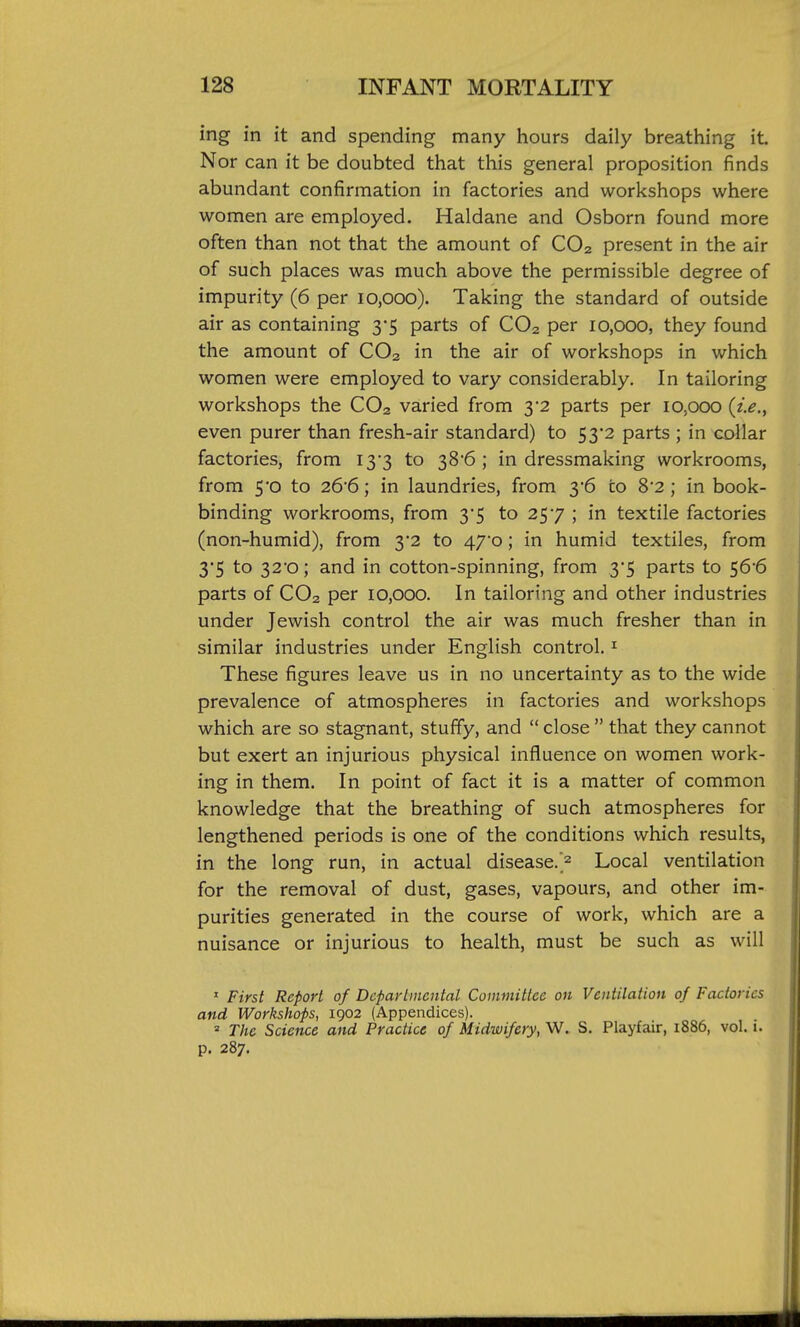 ing in it and spending many hours daily breathing it. Nor can it be doubted that this general proposition finds abundant confirmation in factories and workshops where women are employed. Haldane and Osborn found more often than not that the amount of CO2 present in the air of such places was much above the permissible degree of impurity (6 per 10,000). Taking the standard of outside air as containing 3-5 parts of CO2 per 10,000, they found the amount of CO2 in the air of workshops in which women were employed to vary considerably. In tailoring workshops the CO2 varied from 3*2 parts per 10,000 {i.e.y even purer than fresh-air standard) to 53*2 parts ; in collar factories, from I3'3 to 386 ; in dressmaking workrooms, from 5o to 266; in laundries, from 36 to 8*2 ; in book- binding workrooms, from 3*5 to 257 ; in textile factories (non-humid), from 3*2 to 47'o; in humid textiles, from 3*5 to 32'o; and in cotton-spinning, from 3*5 parts to 56'6 parts of CO2 per 10,000. In tailoring and other industries under Jewish control the air was much fresher than in similar industries under English control. ^ These figures leave us in no uncertainty as to the wide prevalence of atmospheres in factories and workshops which are so stagnant, stuffy, and  close  that they cannot but exert an injurious physical influence on women work- ing in them. In point of fact it is a matter of common knowledge that the breathing of such atmospheres for lengthened periods is one of the conditions which results, in the long run, in actual disease.^ Local ventilation for the removal of dust, gases, vapours, and other im- purities generated in the course of work, which are a nuisance or injurious to health, must be such as will ' First Report of Departmental Committee on Ventilation of Factories and Workshops, 1902 (Appendices). ' The Science and Practice of Midwifery, W. S. Playfair, i886, vol. 1. p. 287.