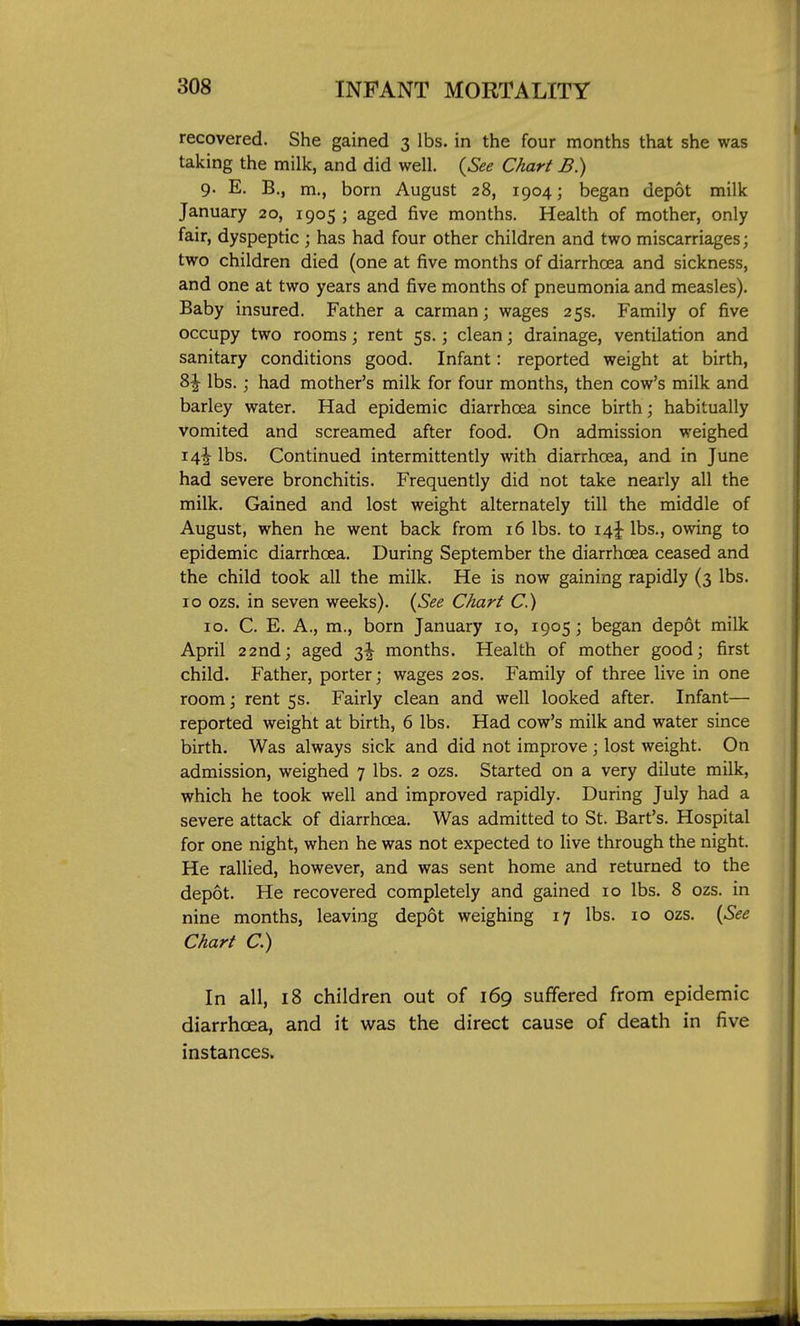 recovered. She gained 3 lbs. in the four months that she was taking the milk, and did well. (See Chart B) 9- E. B., m., born August 28, 1904; began depot milk January 20, 1905 ; aged five months. Health of mother, only fair, dyspeptic ; has had four other children and two miscarriages; two children died (one at five months of diarrhoea and sickness, and one at two years and five months of pneumonia and measles). Baby insured. Father a carman; wages 25s. Family of five occupy two rooms; rent 5s.; clean; drainage, ventilation and sanitary conditions good. Infant: reported weight at birth, 8^ lbs.; had mother's milk for four months, then cow's milk and barley water. Had epidemic diarrhoea since birth; habitually vomited and screamed after food. On admission weighed 14^ lbs. Continued intermittently with diarrhoea, and in June had severe bronchitis. Frequently did not take nearly all the milk. Gained and lost weight alternately till the middle of August, when he went back from 16 lbs. to 14J lbs., owing to epidemic diarrhoea. During September the diarrhoea ceased and the child took all the milk. He is now gaining rapidly (3 lbs. 10 ozs. in seven weeks). {See Chart C.) 10. C. E. A., m., born January 10, 1905; began depot milk April 22nd; aged 3|- months. Health of mother good; first child. Father, porter; wages 20s. Family of three live in one room; rent 5s. Fairly clean and well looked after. Infant— reported weight at birth, 6 lbs. Had cow's milk and water since birth. Was always sick and did not improve; lost weight. On admission, weighed 7 lbs. 2 ozs. Started on a very dilute milk, which he took well and improved rapidly. During July had a severe attack of diarrhoea. Was admitted to St. Bart's. Hospital for one night, when he was not expected to live through the night. He rallied, however, and was sent home and returned to the depot. He recovered completely and gained 10 lbs. 8 ozs. in nine months, leaving depot weighing 17 lbs. 10 ozs. {See Chart C.) In all, 18 children out of 169 suffered from epidemic diarrhoea, and it was the direct cause of death in five instances.