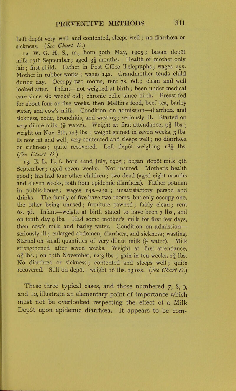 Left depot very well and contented, sleeps well; no diarrhoea or sickness. (See Chart D.) 12. W. G. H. S., m., born 30th May, 1905 ; began depot milk 17th September; aged 3^ months. Health of mother only fair; first child. Father in Post Office Telegraphs; wages 25s. Mother in rubber works ; wages 14s. Grandmother tends child during day. Occupy two rooms, rent 7s. 6d.; clean and well looked after. Infant—not weighed at birth; been under medical care since six weeks' old; chronic colic since birth. Breast-fed for about four or five weeks, then Mellin's food, beef tea, barley water, and cow's milk. Condition on admission—diarrhoea and sickness, colic, bronchitis, and wasting; seriously ill. Started on very dilute milk (f water). Weight at first attendance, lbs.; weight on Nov. 8th, 12^ lbs.; weight gained in seven weeks, 3 lbs. Is now fat and well; very contented and sleeps well; no diarrhoea or sickness; quite recovered. Left depot weighing i8| lbs. {See Chart D.) 13. E. L. T., f., born 22nd July, 1905 ; began depot milk 9th September; aged seven weeks. Not insured. Mother's health good; has had four other children; two dead (aged eight months and eleven weeks, both from epidemic diarrhoea). Father potman in public-house; wages 143.-253.; unsatisfactory person and drinks. The family of five have two rooms, but only occupy one, the other being unused; furniture pawned; fairly clean; rent 6s. 3d. Infant—weight at birth stated to have been 7 lbs., and on tenth day 9 lbs. Had some mother's milk for first few days, then cow's milk and barley water. Condition on admission— seriously ill; enlarged abdomen, diarrhoea, and sickness; wasting. Started on small quantities of very dilute milk (f water). Milk strengthened after seven weeks. Weight at first attendance, gf lbs.; on 15th November, 12-3 lbs.; gain in ten weeks, 2f lbs. No diarrhoea or sickness; contented and sleeps well; quite recovered. Still on depot: weight 16 lbs. 130ZS. {See ChartD.) These three typical cases, and those numbered 7, 8, 9, and 10, illustrate an elementary point of importance which must not be overlooked respecting the effect of a Milk Depot upon epidemic diarrhoea. It appears to be com-