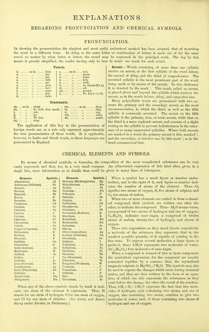 EXPLANATIONS REGARDING PRONUNCIATION AND CHEMICAL SYMBOLS. PRONUNCIATION. In showing the pronunciation the simplest and most easily understood method has been adopted, that of re-witing the word in a different form. In doing so the same letter or combination of letters is made use of for the same sound, no matter by what letter or letters the sound may be expressed in the principal word. The key by this means is greatly simplified, the reader having only to bear in mind one mark for each sound. Vowels. a as m ch, j. n, ng. frtte. 0, .. .. as in .. .. not. far. o, .. .. move. fat. u, .. .. tMbe. fall. u, .. .. tub. me. n, .. .. hull met. ii, .. .. Sc. abKne(Fr.u). her. oi, .. .. oil. pine. ou,.. .. poMnd. pin. y,.. .. Sc. fey( = e+i). note. Consonants. , cftain. . Sc. loch, Ger. nacAt. . joh. ■ go. . Fr. ton. . si7ig. TH, as m th , w ,, wh, ,, zh, ,, then, thin. whig. azure. The application of this key to the pronunciation of foreign words can as a rule only represent approximately the true pronunciation of those words. It is applicable, however, to Latin and Greek words, as those languages are pronounced in England. Accent.—Words consisting of more than one syllable receive an accent, as the first syllable of the word labour, the second of ddaij, and the third of comprehension. The accented syllable is the most prominent part of the word, being made so by means of the accent. In this dictionary it is denoted by the mark '. This mark, called an accent, is placed above and beyond the syllable which receives the accent, as in the words la'hour, delay', and comprchen'sion. Many polysyllabic words are pronounced with two ac- cents, the primary and the secondary accent, as the word excommunication, in which the third, as well as the fifth syllable is commonly accented. The accent on the fifth syllable is the primary, true, or tonic accent, while that on the third is a mere euphonic accent, and consists of a slight resting on the syllable to prevent indistinctness in the utter- ance of so many unaccented syllables. Where both accents are marked in a word, the primary accent is thus marked , and the secondary, or inferior one, by this mark ', as in the word excommu'nication. CHEMICAL ELEMENTS AND SYMBOLS. By means of chemical symbols, or formulas, the composition of the most complicated substances can be very easily expressed, and that, too, in a very small compass. An abbreviated expression of this kind often gives, in a single line, more information as to details than could be given in many lines of letterpress. Elements. Symbols. Alnminiuni, Al Antimony (Stibium), . . . Sb Arsenic, As Barium, Ba Bismuth, Bl Boron, B Bromine Br Cadmium, Cd Cajsium, Cs Calcium, Ca Carbon C Cerium Ce Chlorine CI Chromium Cr Cobalt Co Copper (Cuprum), . . . . Cu Didyniium, D Erbium E Fluorine F Gallium, Ga Glucinium, G Gold (Aurum), Au Hydrogen H Indium In Iodine, I Iridium, Ir Iron (Ferrum) Fe Lauthanium, La Lead (Plumbum), . . . . Pb Lithium L Jlaijuesium, Mg Manganese Mn Elements. Symbols. Mercury (Hydrargyrum), . Hg Molybdenum, Mo Nickel, Ni Niobium, Nb Nitrogen, N Osmium, Os Oxygen O Palladium Pd Phosphorus, P Platinum, Pt Potassium (Kalium), . . K Rhodium K. Rubidium, B.b Ruthenium, Ru Selenium, Se Silicon, Si Silver (Argentum), . . . Ag Sodium (Natrium), . . . Na Strontium, Sr Sulphur S Tantalum, Ta Tellurium Te Thallium Tl Thorium, Th Tin (Stannum), . . . . Sn Titanium Ti Tungsten (Wolfram), . . W Uranium U Vanadium, V Yttruim, Y Zinc Zn Zirconium, Zr When any of the above symbols stands by itself it indi- cates one atom of the element it represents. Thus, H stands for one atom of hydrogen, 0 for one atom of oxygen, and CI for one atom of chlorine. {See Atom, and Atomic theory under Atomic, in Dictionary.) When a symbol has a small figure or number under- written, and to the right of it, such figure or number indi- cates the number of atoms of the element. Thus—O2 signifies two atoms of oxygen, S5 five atoms of sulphur, and Cio ten atoms of carbon. When two or more elements are united to form a chemi- cal compound, their symbols are written one after the other, to indicate the compound. Thus—HoO means water, a compound of two atoms of hydrogen and one of oxygen; CiiHo-'Ou indicates cane-sugar, a compound of twelve atoms of carbon, twenty-two of hydrogen, and eleven of oxygen. These two expressions as they stand denote respectively a molecule of the substance they represent, that is, the smallest possible qiiantity of it capable of existing in the free state. To express several molecules a large figure is prefixed, thus: 2H.2O represents two molecules of water, 4(Ci2Ho.20ii) four molecules of cane-sugar. When a compound is formed of two or more compounds the symbolical expressions for the compound are usually connected together by a comma; thus, the crystallized magnesic sulphate is MgS04, 7 HoO. The symbols may also be used to express the changes which occur during chemical action, and they are then written in the form of an equa- tion, of which one side represents the substances as they exist before the change, the other the result of the reaction. Thus, 2 Hj-I-02 = 2 HoO expresses the fact that two mole- cules of hydrogen, each containing two atoms, and one of oxygen, also containing two atoms, combine to give two molecules of water, each of them containing two atoms of hydrogen and one of oxygen.