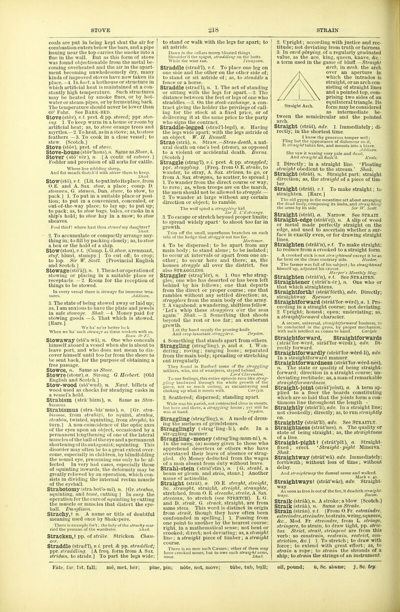 coals are put in being liept shut the air for combustion enters below the bars, and a pipe issuing near the top carries the smoke into a flue in the wall. But as this form of stove was found objectionable from the metal be- coming overlieated and the air in the apart- ment becoming unwholesomely dry, many kinds of improved stoves have now taken its place.—4. In hurt, a hothouse or structure in which artificial heat is maintained at a con- stantly high temperature. Such structures may ))e heated by smoke flues, or by hot- water or steam-pipes, or by fermenting bark. The temperature should never be lower than eO° Fahr. See BARK-BED. Stove (stov), V. t. pret. & pp. stoved; ppr stav- ing. 1. To keep warm in a house or room by artificial heat; as, to stove orange trees and myrtles.—2. To heat, as in a stove; as, to stove feathers. ~3. To cook in a close vessel; to stew. [Scotch.] Stove (stov), pret. of store. Stove-house (stov'hous), n. Same as Stove, 4. Stover (sto'ver), 11. [A contr. of estover.] fodder and provision of all sorts for cattle. Where live nibbling sheep, And flat meads thatch'd with stover them to keep. Shnk StOWCsto), v.t. [Lit. toputintoitsplace,from O.E. and A. Sax. stow, a place; comp. D. stouwen, G. stauen, Dan. stave, to stow, to pack. ] 1. To put in a suitable place or posi- tion; to put in a convenient, concealed, or out-of-the-way place; to lay up; to put up; to pack; as, to stow bags, bales, or casks in a ship's hold; to stow hay in a mow; to stow sheaves. Foul thief! where hast thou stowed my daughter? SJia/t. 2. To accumulate or compactly arrange any- thing in; to fill by packing closely; as, to stoio a box or the hold of a sliip. Stow(stou), D.t [Comp. Jj.Q.stuii), aremnant, stuf, blunt, stumpy.] To cut oft; to crop; to lop. Sir W. Scott. [Provincial English and Scotch.] _ Stowage(sto'aj). n. 1. Theactoroperationof stowing or placing in a suitable place or receptacle. — 2. Room for the reception of tilings to be stowed. In every vessel there is stowage for immense trea- sures. Addison. 3. The state of being stowed away or laid up; as, I am anxious to liave the plate and jewels in saie stowage. Shak.—i. Money paid for stowing goods. — 5. That which is stowed. [Hare.] We ha' ne'er better luck When we ha' such stowage as these trinkets with us. Beau. &■ Ft. Stowaway (sto'a-wa), n. One who conceals himself aboard a vessel when she is about to leave port, and who does not mean to dis- cover himself until too far from the shore to be sent back, for the purpose of obtaining a free passage. Stowce, n. Same as Stoce. Stowre(stom'),a. Strong. G.Herbert. [Old English and Scotch.] Stow-wood (sto'vvud), n. Naut. billets of wood used as chocks for steadying casks in a vessel's hold. StraMsm (strii'bizm), n. Same as Stra- bismus. Strabismus (stra-biz'nius), n. [Gr. stra- hisinos, from strabizo, to squint, strabos, strabon, twisted, squinting, from strepho, to turn.] A non-coincidence of the optic axes of the eyes upon an object, occasioned by a permanent lengthening of one of the lateral muscles of the ball of the eye and a permanent shorteningof itsantagonist; squinting. This disorder may often be to a great extent over- come, especially in children, by blindfolding the sound eye, presuming one only to be af- fected. In very bad cases, especially those of squinting inwards, the deformity may be greatly relieved by an operation, which con- sists in dividing the internal rectus muscle of the eyeball. Strabotomy (stra-bot'o-mi), n. [Gr. strabos, squinting, and tome, cutting.] In surg. the operation for the cure of squinting by cutting the muscle or nmscles that distort the eye- ball. Duuglison. Strachy.t n. A name or title of doubtful meaning used once by Shakspere. There is example for't; the lady of the strachy mar- ried the yeoman of the wardrobe. Shak. Stracken, t pp. of strike. Stricken. Chau- cer. Straddle (strad'l), v.i. pret. & pp. straddled; ppr. straddling. [A freq. form from A. Sax. strtdan, to stride.] To part the legs wide; to stand or walk with the legs far apart; to sit astride. Down in the cellars merry bloated things Shoulder'd the spigot, straddling on the butts While the wine ran. Tennyson. Straddle (strad'l), v.t. To place one leg on one side and the other on the other side of; to stand or sit astride of; as, to straddle a fence or a horse. Straddle (strad'l), n. 1. The act of standing or sitting with tlie legs far apart.—2. 'Tlie distance between the feet or legs of one who straddles.—3. On the stock-exchange, a con- tract giving the holder the privilege of call- ing for the stock at a fixed price, or of delivering it at the same price to the party who signs the contract. Straddle-legged (strad'l-legd), a. Having t)ie legs wide apart; with the legs astride of an object. W. II. Russell. Strae (stra), n. Straw.—Strae-death, a nat- ural death on one's bed (straw), as opposed to a violent or accidental death. Burns. [Scotch ] Straggle (stragl), v.i. pret. & pp. straggled; ppr. straggling. [Freq. from O.'E. strake,to wander, to stray, A. Sax. strtcan, to go, or from A. Sax. strcegan,^ to scatter, to spread.] 1. To wander from the direct course or way; to rove; as, when troops are on the march, tlie men should not be allowed to straggle.— 2. To wander at large without any certain direction or object; to ramble. The wolf spied a straggling kid. Sir R. L'EstraJige. 3. To escape or stretch beyond proper limits; to spread widely apart • to shoot too far in growth. Trim off the small, superfluous branches on each side of the hedge that straggle out too far. J\Ioj-tit?ter. 4. To be dispersed; to be apart from any main body; to stand alone; to be isolated; to occur at intervals or apart from one an- other; to occur here and there; as, the houses straggle all over the district. See also Straggling. Straggler (strag-'ler), n. 1. One who strag- gles; one who has deserted or has been left behind by his fellows; one that departs from the direct or proper course; one that rambles without any settled direction; as, stragglers from the main body of the army. 2. A vagabond; a wandering, shiftless fellow. 'Let's whip these stragglers o'er the seas again.' Shak.—3. Something that shoots beyond the rest or too far; an exuberant growth. Let thy hand supply the pruning-knife And crop luxuriant stragglers. Dryden. 4. Something that stands apart from others. Straggling (strag'ling), p. and a. 1. Wan- dering ; roving; ranging loose; separated from the main body; spi'eading or stretching out irregularly. They found in Burford some of the straggling soldiers, who, out of weariness, stayed behind. Lord Clarendon. To our feelings, this entire episode runs like strag- gling bindweed through the whole growth of tlie piece, not so much uniting, as encumbering and choking up what it meets with. Carlyle. 2. Scattered; dispersed; standing apart. Wide was his parish, not contracted close in streets, but here and there, a straggling house; yet still he was at hand. Dryden. Straggling (strag'ling), n. A mode of dress- ing tlie surfaces of grindstones. Stragglingly (strag'ling-li), adv. In a str^iggliug manner. Straggling-money (strag'ling-mun-ni), n. In the navy, (a) money given to those who apprehend deserters or otiiers who have overstayed their leave of absence or strag- gled, (b) Money deducted from the wages of a man absent from duty without leave. Strahl-stein (striil'stin), n. [ G. stvahl, a beam or gleam, and stein, stone.] Another name of actinolite. Straight (strat), a. [O.E. sfreght, streight. Sc. straught, straight, streight, straughte, stretched, from O. B. strecche, streke, A. Sax. streccan, to stretch (see STRETCH). L. G. and D. strak, G. struck, straight, are from same stem. 'This word is distinct in origin from strait, though they have often been confounded in spelling.] 1. Passing from one point to another by the nearest course; right, in a mathematical sense; not bent or crooked; direct; not deviating; as, a,straight line; a straight piece of timber; a straight course. There is no moe such Caesars; other of them may have crooked noses, but to owe such straight arms, none. Shak. Straight Arch. 2. Upright; according with justice and rec- titude; not deviating from truth or fairness. 3. In card-playing, of a regularly graduated value, as the ace, king, queen, knave, &c.; a term used in the game of hlaff.—Straight arch, in arch, the arch over an aperture in which the intrados is straight, or an arch con- sisting of straight lines and a pointed top, com- prising two sides of an equilateral triangle. Its form may be considered as intermediate be- tween the semicircular and the pointed arch. Straight (strat), adv. 1, Immediately; di- rectly; in the shortest time, I know thy generous temper well; Fling but the appearance of dishonour on it. It straight takes fire, and mounts into a blaze. .ilddisoft. She saw it waxing very pale and dead. And straight all fiush'd. Keats. 2. Directly; in a straight line. 'Floating straight obedient to the stream,' Shak. Straight (strat), n. Straight part; straight direction; as, the straight of a piece of tim- ber. Straight (strat), v. t. To make straight; to straighten. [Rare.] The old gypsy in the meantime set about arranging the dead body, composing its limbs, and straighting the arms by its side Sir IV. Scott. Straight (striit), a. Narrow. See Strait. Straight-edge (strat'ej), n. A slip of wood or metal made perfectly straight on the edge, and used to ascertain whether a sur- face is exactly even, or for drawing straiglit lines. Straighten (strat'n), v.t. To make straight; to reduce from a crooked to a straight form. A crooked stick is not straightened except it be as far bent on the clean contrary side. Hooker. The farmer was full of his subject; he straightened himself up, adjusted his crnvat. Harper s Monthly Mag. Straighten (strat'n), v. t. See Straiten. Straightener (sti at'n-er), n. One who or tliat which straightens. Straightfortht (strat'forth), adv. Directly; sti'aightway, Spenser. Straightforward (strat'for-werd), a. 1, Pro- ceeding in a straight course; not deviating. 2, Upright; lionest; open; undeviating; as, a straightforward character. A secure, universal, straight/onoard business, to be conducted in the gross, by proper mechanism, with such intellect as comes to hand. Carlyle. Straightforward, Straightforwards (strat'for-werd, strat'for-werdz), adv. Di- rectly forward. Straightforwardly (strat'for-w6rd-li), adv. In a straightforward manner. Straightforwardness (strat'for-werd-nes), n. Tlie state or quality of being straight- forward; direction in a straight course; un- deviating rectitude; as, a man of remarkable straightforwardness. Straight-joint (strat'joint), a. A term ap- plied to a fioor tlie boards constituting which are so laid that the joints form a con- tinuous line tliroughout the length. ■ Straightly (strat'li), adv. In a straight line; not crookedly; directly; as, to run straightly on. Straightly (strat'li), adv. See Straitly. Straightness (strat'nes), n. The quality or state of being straight; as, the straightness of a line. Straight-pight t (strat'pit), a. Straight- fixed; erect. 'Straight-pight Minerva.' Shak. Straightway (strat'wa), adv. Immediately; forthwith; without loss of time; without delay. And sti'aightway the damsel arose and walked. Mark v. 42. Straightwayst (strat'waz), adv. Straight- way. As soon as iron is out of the fire, it deadeth straight- ways. Bacon. Straik (strak), n. A stroke; a blow. [Scotch.] Straik (strak), n. Same as Strake. Strain (stran), v.t. [From O.Fr, estraindre, estrein dre, streindre. to strain .wring, squeeze, &c,, Mod, Fr, etreindre, from L. stringo, stringere, to strain, to draw tight, pp. stric- tus. Strict, strait, stringent are from this verb; so constrain, restrain, restrict, con- striction, &c.] 1, To stretch ; to draw with force; to extend with great effort; as, to strain a rope; to strain the shrouds of a ship; to strain the strings of an instrument.