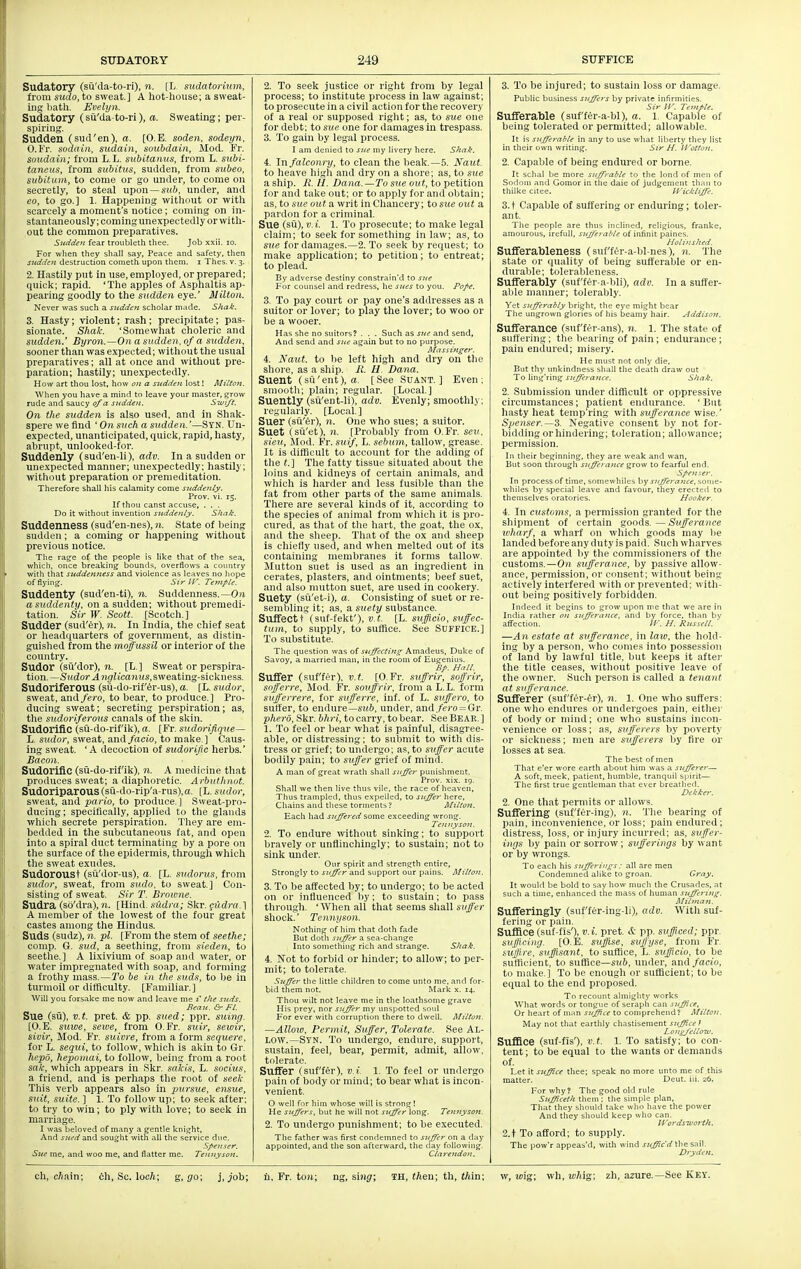 Sudatory (su'da-to-ri), n. [L. sudatorium, from sudo, to sweat.] A hot-house; a sweat- ing bath. Evelyn. Sudatory (su'da-to-ri), a. Sweating; per- spiring. Sudden (sud'en), a. [O.E. soden, sodeyn, 0. Fr. soda in, mdai)i, soubdain, Mod. Fr. soudain; from L.L. subitanus, from L. subi- ianeus, from subitus, sudden, from subeo, subitum, to come or go under, to come on secretly, to steal upon — sub, under, and CO, to go.] 1. Happening without or with scarcely a moment's notice; coming on in- stantaneously; coming unexpectedly or with- out the common preparatives. Sudden (ear troiibleth thee. Job xxii. lo. For wlien they sliall say, Peace and safety, then sudden destruction conieth upon them, i Thes. v. 3. 2. Hastily put in nse, employed, or prepared; quick; rapid. 'The apples of Asphaltis ap- pearing goodly to the sudden eye. Milton. Never was such a sudden scholar made. Shtik. 3. Hasty; violent; rash ; precipitate; pas- sionate. Shak. 'Somewhat choleric and sudden.' Byron.—On a sudden, of a sudden, sooner than was expected; without the usual preparatives; all at once and without pre- paration; hastily; unexpectedly. How art thou lost, how on a sudden lost! Milton. When you have a mind to leave your master, grow rude and saucy of a sudden. S-wi/t. On the sudden is also used, and in Shak- spere we find ' On such a sitdden.'—SYN. Un- expected, unanticipated, quick, rapid, hasty, abrupt, unlooked-for. Suddenly (sud'en-li), adv. In a sudden or unexpected manner; unexpectedly: hastily; without preparation or premeditation. Therefore shall his calamity come suddenly. Prov. vi. 15. If thou canst accuse, . . . Do it without invention suddenly. Shak. Suddenness (sud'en-nes), n. State of being sudden; a coming or happening withoull previous notice. The rage of the people is like that of the sea, which, once breaking bounds, overflows a country with that suddenness and violence as leaves no hope of flying. Sir W. Temple. Suddenly (sud'en-ti), n. Suddenness.—On a suddenly, on a sudden; without premedi- tation. Sir W. Scott. [Scotcli.] Sudder (sud'er), n. In India, the chief seat or headquarters of government, as distin- guished from the moffussil or interior of the country. _ Sudor (su'dor), n. [t.] Sweat or perspira- tion.—Sudor in(7Ztca)iMS,sweating-sickness. Sudoriferous (sii-do-rif'6r-us), a. [L. sudor, sweat, and fero, to bear, to produce.] Pro- ducing sweat; secreting perspiration; as, the sudoriferous canals of the skin. Sudorific (sii-do-rif'ik), a. [Fr. sudorifique— L. sudor, sweat, and facio, to make.] Caus- ing sweat. 'A decoction of sudorific herbs.' Bacon. Sudorific (sii-do-rif'ik), 71. A medicine that produces sweat; a diaphoretic. Arbutlinnt. Sudoriparous(su-do-rip'a-rus),ffl. [L. sudor, sweat, and pario, to produce.] Sweat-pro- ducing ; specifically, applied to the glands which secrete perspiration. They are em- bedded in the subcutaneous fat, and open into a spiral duct terminating by a pore on the surface of the epidermis, through which the sweat exudes. Sudoroust (sii'dor-us), a. [L. sudorus, from sudor, sweat, from sudo. to sweat.] Con- sisting of sweat. Sir T. Browne. Sudra (so'dra), n. [Hind, sudra; Skr. gudra.} A member of the lowest of the four great castes among the Hindus. Suds (sudz), n. pi. [From the stem of seethe; comp, G. sud, a seething, from sieden, to seethe.] A lixivium of soap and water, or water impregnated with soap, and forming a frothy mass.—To be in the suds, to be in turmoil or difficulty. [Familiar. ] Will you forsake me now and leave me 2 tlte suds. Beau, a- Fl. Sue (su), v.t. pret. & pp. sued; ppr. suing. [O.E. suwe, sewe, from 0.Fr. suir, sewir, sivir. Mod. Fr. suiore, from a form sequere, for L. sequi, to follow, which is akin to Gr. hepo, heponiai, to follow, being from a root sale, which appears in Skr. .lalcis, L. socitis, a friend, and is perhaps the root of see/r This verb appears also in pursue, ensue, suit, suite. ] 1. To follow up; to seek after; to try to win; to ply with love; to seek in marriage. I was beloved of many a gentle knight. And sued and sought with all the service due. SJ>e7tser. •Sue me, and woo me, and flatter me. Tennysott. 2. To seek justice or right from by legal process; to institute process in law against; to prosecute in a civil action for the recovery of a real or supposed right; as, to sue one for debt; to sue one for damages in trespass. 3. To gain by legal process. I am denied to sue niy livery here. Shak. i. In falconry, to clean the beak.—5. Naut. to heave high and dry on a shore; as, to sue a ship. R. 11. Dana.—To sue otit, to petition for and take out; or to apply for and obtain; as, to sue out a writ in Chancery; to sue out a pardon for a criminal. Sue (su), V. i. 1. To prosecute; to make legal claim; to seek for something in law; as, to sue for damages.—2. To seek by request; to make application; to petition; to entreat; to plead. By adverse destiny constrain'd to sue For counsel and redress, he snes to you. Pope. 3. To pay court or pay one's addresses as a suitor or lover; to play the lover; to woo or be a wooer. Has she no suitors? . . . Such as sue and send. And send and sue again but to no purpose. Massijiger. 4. Naut. to he left high and dry on the shore, as a ship. R. H. Dana. Suent (su'ent), a. [See Suant. ] Even; smooth; plain; regular. [Local.] Suently (su'ent-li), adv. Evenly; smoothly; regularly. [Local.] Suer (su'fer), 11. One who sues; a suitor. Suet (sQ'et), n. [Probably from O.Fr. sev. sieu. Mod. Fr. suif, L. sebum, tallow, grease. It is difficult to account for the adding of the (.] The fatty tissue situated about the loins and kidneys of certain animals, and ■which is harder and less fusible than the fat from other parts of the same animals. There are several kinds of it, according to the species of animal from which it is pro- cured, as that of tlie hart, the goat, the ox, and the sheep. That of the ox and sheep is chiefly used, and when melted out of its containing membranes it forms tallow. Mutton suet is used as an ingredient in cerates, plasters, and ointments; beef suet, and also mutton suet, are used in cookery. Suety (su'et-i), a. Consisting of suet or re- sembling it; as, a suety substance. Suffectt (suf-fekf), u i. {L. sufflcio, suffec- tum, to supply, to suffice. See StJFPICE.] 'To substitute. The question was of j*(^<r/;>i§-Amadeus, Duke of Savoy, a married man, in the room of Eugenius. Bp. Hall. Suffer (suffer), V.t. [O.Fr. suffrir, soffrir, sofferre. Mod. Fr. souffrir, from a L.L. form sufferrere, for sufferre, inf. of L. suffero, to suffer, to endure—under, and/e)-o = Gr. phero, Skr. bhri, to carry, to bear. See BEAK. ] 1. To feel or bear what is painful, disagree- able, or distressing; to submit to with dis- tress or grief; to undergo; as, to suffer acute bodily pain; to suffer grief of mind. A man of great wrath shall suffer punishment. Prov. xix. 19. Shall we then live thus vile, the race of heaven. Thus trampled, thus expelled, to suffer here. Chains and these torments? Milton. Each had suffered some exceeding wrong. Tennyson. 2. To endure without sinking; to support bravely or unflinchingly; to sustain; not to sink under. Our spirit and strength entire. Strongly to suffer and support our pains. Milfoil. 3. To be affected by; to undergo; to be acted on or influenced by; to sustain; to pass through. 'When all that seems shall si'jft'c shock.' Tennyson. Nothing of him that doth fade But doth suffer a sea.change Into something rich and strange. Shak. 4. Not to forbid or hinder; to allow; to per- mit; to tolerate. Suffer the little children to come unto me, and for- bid them not. Marl; x. 14. Thou wilt not leave me in the loathsome grave His prey, nor suffer my unspotted soul For ever with corruption there to dwell. Milton. —Allow, Permit, Suffer, Tolerate. See AL- LOW.—Stn. To undergo, endure, support, sustain, feel, bear, permit, admit, allow, tolerate. Suffer (suffer), v.i. 1. To feel or undergo pain of body or mind; to bear what is incon- venient. O well for him whose will is strong I Fie suffers, but he will not suffer long. Tennyson. 2. To undergo punishment; to be executed. The father was first condemned to suffer on a day appointed, and the son afterward, the day following. Clarendon. 3. To be injured; to sustain loss or damage. Public business suffers by private infirmities. Sir IV. Temple. Sufferable (suffer-a-bl), a. 1. Capable of being tolerated or permitted; allowable. It is sufferable in any to use what liberty they list in their own writing. Sir H. tl'ottoji. 2. Capable of being endured or borne. It schal be more siiffrable to the lond of men of Sodom and Gomor in the dale of judgement than to thilke citee. H'ickliffe. 3. t Capable of suffering or enduring; toler- ant. The people are thus inclined, religious, franke, amourous, irefull, sufferable of infinit paines. Holinshed. Sufferableness (suffer-a-bl-nes), n. 'J'he state or quality of being sufferable or en- durable; tolerableness. Sufferably (suf'fer-a-bli), adv. In a suffer- able manner; tolerably. Yet sufferably bright, the eye might bear The uugrown glories of his beamy hair. Addison. Sufferance (suf fer-ans), n. 1. The state of suffering; the bearing of pain; endurance; pain endured; misery. He must not only die. But thy unkindness shall the death draw out To ling'ring sufferaytce. Shak. 2. Submission under difficult or oppressive circumstances; patient endurance. ' But hasty heat temp'ring with sufferance wise.' Spenser.—3. Negative consent by not for- bidding or hindering; toleration; allowance; permission. In their beginning, they are weak and wan. But soon through sufferance grow to fearful end. Spenser. In process of time, some whiles hy sufferance, some- whiles by special leave and favour, they erected to themselves oratories. Hooker. i. In customs, a permission granted for the shipment of certain goods.—Sufferance wharf, a wharf on which goods may be landed before any duty is paid. Such wharves are appointed by the commissioners of the customs.—0)1 sufferance, by passive allow- ance, permission, or consent; without being actively interfered with or prevented; with- out being positively forbidden. Indeed it begins to grow upon nie that we are in India rather on sufferance, and by force, than by affection. //''. H. Russell. ' —An estate at sufferance, in law, the hold- ing by a person, who comes into possession of land by lawful title, but keeps it aftei- the title ceases, without positive leave of the owner. Such person is called a tenant at sufferance. Sufferer (suffer-er), n. 1. One who suffers: one who endures or undergoes pain, either of body or mind; one who sustains incon- venience or loss; as, sufferers by poverty or sickness; men are sufferers by fire or losses at sea. The best of men That e'er wore earth about him was a sttfferer— A soft, meek, patient, humble, tranquil spirit— The first true gentleman that ever breathed. Dekker. 1. One that permits or allows. Suffering (suffer-ing), n. The bearing of pain, inconvenience, or loss; pain endured; distress, loss, or injury incurred; as, suffer- ings by pain or sorrow; st(fferings by want or by wrongs. To each his sufferings: all are men Condenmed alike to groan. Gray. It would be bold to say how ntuch the Crusades, at such a time, enhanced the mass of human suffering. Milman. Sufferingly (suffer-ing-li), adv. With suf- fering or pain. Suffice (suf-fis'), v. i. pret. ct pp. sufficed; ppr. sufficing. [O.E. suffise, suffyse, from Fr. suffire, suffisant, to suffice, L. sufficio, to be sufficient, to suffice—sub, mider, and facio, to make.] To be enough or suflncient; to be equal to the end proposed. To recount almighty works What words or tongue of seraph can suffce. Or heart of man suffice to comprehend? Milton. May not that earthly chastisement suffce! Longfello^u. Suffice (suf-fis'), v.t. 1. To satisfy; to con- tent; to be equal to the wants or demands of. Let it suffce thee; speak no more unto me of this matter. Deut. ill. 26. For why! The good old rule Sufficeth them : the simple plan. That they should take who have the power And they should keep who can. Wordstvortlt. 2. + To afford; to supply. The pow'r appeas'd. with wind sufficd'^^ sail. Dryden.