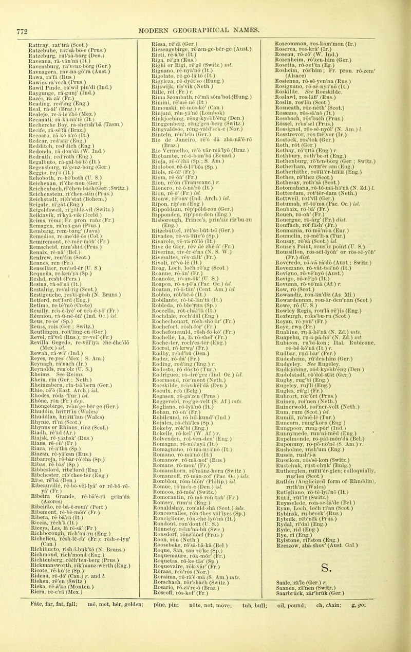 Eattray, rat'tra (Scot.) Ratzebuhe, rat'sa-bo-e (Prus.) Ratzeburg, rat'sa-borg (Deii.) Ravenna, ra-van'na (It.) Raveiisburg, ra'veuz-borg (Ger.) Ravnagora, rav-na-go'ra (Aust.) Rawa, la'fa (Rus.) Rawicz ra'vech (Prus.) Rawil Pintle, ra'wil pin'di (Ind.) Raygunge, rii-gunj' (Ind.) Raz^s, ra-za' (Fr.). Reading, red'ing (Eng.) Real, ra-al' (Braz.) r. Realejo, re-a-le'ili6 (Max.) Recanati, ra-ka-na'te (It.) Recherche Bay, ra-shersh'ba (Tasm.) Recife, ra-se'fa (Braz.) Recoaro, ra-ko-a'ro (It.) Redcar. red'kiir (Eng.) Redditch, red'dich (Eng.) Redonda, ra-don'dii (W. Ind.) Redruth, red'roth (Eng.) Regalbuto, ra-giil-bb'to (It ) Regensburg, ra'gcnz-borg (Ger.) Reggii), rej'6 (It.) Rehoboth, re-ho'both (U. S.) Reichenau, ri'6he-nou (Ger.) Reichenbach, ri'chen-bach (Ger.; Switz.) Reichenstein. ri'chen-stin (Prus.) Reichstadt, rich'stat (Bohem.) Reigate, ri'gat(Ens.) Reigoldswell, rl'goldz-vil (Switz.) Reikiavik, ri'kyii-vik (Iceld.) Reims, remz; Fr. pron. rahz (Fr.) Remagen, ra'niit-gan (Prus.) Rembang, rem-bang' (Java) Remedios, re-me'de-os (Col.) Remiremont, re-mer-moh' (Fr.) Remscheid. ram'shid (Prus.) Renaix, re-na' (Bel.) Renfrew, ren'fru (Scot.) Rennes, ren (Fr.) Rensellaer, ren'sel-6r (U. S.) Ptequefia, re-ken'ya (Sp.) Reshd, resht (Pers.) Resina, ra-se'na (It.) Restalrig, res'al-rig (Scot.) Restigouehe, res'ti-gosh (N. Bruns.) Retford, ret'ford (Eng.) Retimo, re-te'rao (Crete) Reuilly, reu-e-lye' or reu-e-ye' (Fr.) Reunion, ra-Q-ne-oii' (Ind. Oc.) isl. Reus, re-os' (Sp.) Reu.iS, rois (Ger.; Switz.) Reutlingen, roit'ling-en (Ger.) Revel, ra'vcl (Rus.); re-vel' (I'r.) Revilla Gegedo, re-vel'lya che-fihe'do (ilex.) isl. Rewah, ra-wa' (Ind.) Reyes, re-yes' (jNIex.; S. Am.) Reynagh, ra'nach (Ir.) Reynolds, ren'olz (U. S.) Rheims. See Reims. Rhein, rIn(Ger.; Neth.) Rheinzabern, rln-tsa'bern (Ger.) Rhio, re'o (East. Areli.) id. Rhodes, rodz (Tui-.) isl. Rhone, ron (Fr.) dep. Rhongebirge, retin'ge-ber-ge (Ger.) Rhuddin, hrilH'in (Wales) Rhuddlan, hriTH'lan (Wales) Rhynie, ri'ni (Scot.) Rhynns or Rhinns, rinz (Scot.) Riadh, re'iid (At.) Riajsk, re-yiizhsk' (Rus.) Rians, re-ou' (Fr.) Riaza, re-a'tha (Sp.) Riazan, re-yil'zan (Rus.) Ribarroja, re-bar-ro'Clia (Sp.) Ribas, re-bas' (Sp.) Ribbesford, ribz'ford (Eng.) Ribchester, rib'ches-ter (Eng.) Ribe, re'ba (Den.) Ribeauville, re-bo-vel-lya' or re-bo-ve- ya' (Fr.) Ribeira Grande, re-ba'e-rii gran'da (Azores) Ribeirao, re-ba-e-rouh' (Port.) Ribemont, re-be-moh' (Fr.) Ribera, re-ba'rii (It.) Riccia, rech'a (It.) Riceys, Les, la re-sa' (Ft.) Richljorough, rich'bu-ru (Eng.) Richelieu, resh-le-eti' (Fr.); resh-c-lyu' (Can.) Richibucto, rish-i-buk'to (N. Bruns.) Richmond, rich'mond (Eng.) Richtenberg, rech'tfn-berg (Prus.) Rickmanswortli, rik'manz-werth (Eng.) Ricote, re-ko'te (Sp.) Rideau, re-do' (Can.) r. and I. Riehen, re'en (Switz.) Rieka, re-a'ka (Monten.) Riera, re-e'ra (Mex.) Riesa, re'za (Ger. ) Riesengebirge, re'zen-ge-ber-ge (Aust.) Rieti, re-a'te (It.) Riga, re'ga (Rus.) Righi or Rigi, re'ge (Switz.) mt. Rignano, re-nya'no (It.) Rigolato, re-go-lii'to (It.) Rigyicza, re-dyet'so (Hung.) Rijswijk, rls'vik (Neth.) Rille, rel (Fr.) r. Rima Szombath, re'mii s6mn)ot(Hung.) Rimini, re'me-ne (It.) Rimouski, re-mos-ke' (Can.) Rinjani, ren-yii'ne (Loml)<)k) Rinkjoebing, reng-kyuldj'eng (Den.) Ringgenberg, reng'gen-berg (Switz.) Ringvaldsoe, reng-vald'sc'ii-e (Nor.) Rinteln, ren'teln (Ger.) Rio de Janeiro, re'o da zha-na'e-ro (Braz.) Rio Vernielho, ie'6 vfir-nia'lyo (Braz.) Riobamba, re-6-biira'ba (Ecuad.) Rioja, re-6'iih:i (Sp.; S. Am.) Riolobos, re-6-16'b6s (Sp.) Riols, re-ol' (Fi .) Riora, re ou' (Fr.) Rion, re'on (Transcauc.) r. Rionero, re-o-na'ro (It.) Riou, re-b' (Fr.) isl. Riouw, re'ouv (Ind. Arch ) isl. Ripon, rip'on (Eng.) Rippoldsau, rep'pold-zou (Ger.) Bipponden, rip'pon-den (Eng.) Risborough, Prince's, prin'siz rizlju-ru (Eng.) Ritzebiittel, ret'se-bflt-tcl (Ger.) Rivadeo, re-vil-THe'o (Sp.) Rivarolo, re-va-ro'lo (It.) Rive de Gier, rev de zhe-a' (Fr.) Riverina, riv-er-e'na (N. S. W.) Rivesaltes, rev-ziilt' (Fr.) Rivoli, re'v6-Ie (It.) Roag, Loch, loch ro'ag (Scot.) Roanne, ro-an' (Fr.) Roanoke, ro-an-ok'(U. S.) Roapoa, ro-a-po'a (Pac. Oc.) isl. Eoatan, ro a-tan' (Cent. Am.) isl Robbio, rol/hC--6 (It.) Robilante, ru-be-lan'ta (If.) Robleda, ro-ble'THa (.^p.) Roccella, rot-chal'la (It.) Rochdale, roch'dal (Eng ) Rochechouart, rosh-shb-ar' (Fr.) Rochefort, rosh-fdi-' (Fr.) Rochefoucauld, rbsh-fb-ko' (Fr.) Rochelle, La, la ro-shel' (Fr.) Roche^ter, roch'es-ter (Eng.) Rocroi, ro-krwa' (Fr.) Rbdby, retid'bti (Den.) Rodez, ro-da' (Fr) Roding, rod'ing (Eng.) )■. Rodosto, rb-dos'to ('I'ur.) Rodriguez, ro-dre'gez (Iml. Oc.) isl. Roermond, rbr'mont (N eth.) Roeskilde, rL-tis-kel'da (Den.) Roeulx, reu (Belg.) Rogasen. rb-ga'zcn (Prus ) Roggeveld, rog'ge-velt (S. Af.) mts. Rogliano, ro-lyii'no (It.) Rohan, r6 oh'(Fr.) Rohilcund, rb-hil-kund' (Ind ) Rnjales, ro-clia'les (Sp.) Rokeby, rbk'bi (Eng.) Rokelle, rb-kel' (W. Af.) r. Rolvenden, rol-ven-den' (Eng.) Romagna, ro-ma'nya (It.) Romagnano. ro-ma-n>a'n6 (It.) Romano, rb-mii'no (It.) Romanow, rb-ma-nof (Rus.) Romans, rb-mou' (l^r.) Romanshorn, rb'manz-horn (Switz ) Piomanzoff, ro-nian-zof (Pac. Oc.) isls. Romblon, rbni-blon' (Philip.) isl. Pvombe, rb'meu-e (Den.) isl. Romoos, rb-mbs' (Switz.) Romorantin, rb-mb-roii-tafi' (Fr.) Romsey, rum'si (Eng.) Ronaldshay, ron'ald-sha (Scot.) isls. Roncesvalles, rbn-thes-val'lyes (Sp.) Ronciglione, rbn-che-lyb'na (It.) Rondout, ron'dout(U. S.) Rbnneby, reun'na-bu (Swe.) Ronsdorf. rbnz'dbrf (Prus.) Roon, rbn (Neth.) Roosebeke, rb'sa-ba-ka (Bel ) Roque, San, sitn rb'ke (Sp.) Roquemaure, rbk-mbr' (Fr.) Roquetas, rb-ke-tas' (Sp.) Roquevaire, rbk-var'(Fr.) Rbraas, re'ti'rbs (Nor.) Roraima, rb-ra'e-nia (S. Am.) mts. Rorschach, rbi-'shafih (Switz.) Rosario, rb-za're-b (Braz.) Roscoff, rbs-kof (Fr.) Roscommon, ros-kom'mon (Ir.) Roscrea, ros-kra' (Ir.) Roseau, i-b-zo' (W. Ind.) Rosenheim, rb'zen-him (Ger.) Rosetta, rb-zet'ta (Eg ) Rosheim, rbs'him; Fr. pron. rb-zem' (ALsace) Rosienna, rb-se yen'na (Rus.) Rosignano, rb-se-nyii'nb (It.) Rbskilde. Sec Roeskilde. Roslawl, ros-lafl' (Rus.) Roslin, ros'lin (Scot.) Rosneath, rbz-neth' (Scot.) Rossano, rbs-sii'no (It.) Rossbach, rbsljiiC-h (Prus.) Rbssel, retis'sid (Pnis.) Rossignol, rbs-se-nybl' (N. Am ) I. Rosstrevor, ros-tre'vor (Ir.) Rostock, ros'tok (Ger.) Roth, rot (Ger.) Rothay, rb'Tlia (Eng.) r. Rothliury, rnth'be-ri (Eng.) Rothenljiirg. lo'tcii-liorg ((!er.; Switz.) Rotlicrhani, loTll'i-r .-iin (Eng.) Rotherliitlie, ri)Tirt-r-liiTii (Eng.) Rothes, rb'tliez (Scot.) Rothesay, rotli'sa (Scot.) Rotoniahana. ro-tb-mii-hii'nii (N. Zd.) I. Rotterdam, rot'ter-dam (Neth.) Rottweil. rot'vil (Ger.) Rotumah, ro-tb'nia (Pac. Oc.) isl. Roubaix, rb-ba' (Fr.) Rouen, rb-oh'(Fr.) Rouergue, rb-arg' (Fr.) dlst. Rouffach, rbf-fLish' (Fr.) Roumania, rb-m.a'ni-a (Eur.) Rounielia, rb-me'li-a (Tur.) Eousay, rb'sa (Scot.) isl. Rouse's Point, rous'iz point (F. S.) Roussillon, rbs-sel-lybh' or ros-se-yofi' (Fr.) dist. Roveredo, rb-vii-ra'db (Aust.; Switz.) Rovezzano, rb-viit-tsii'nb (It.) Rovigno, rb-ve'nyb (Aust.) Rovigo, rb-ve'go (It.) Rovuma, ro-vb'mii (Af.) r. Row, rb (Scot.) Rowandiz, ron-iin'diz (As Mi.) Rowardennan, rou-iir-den'nan (Scot ) Rowe, rb (U. S.) Rowley Regis, rou'la re'jis (Eng.) Roxburgh, roks'bu-ru (Scot.) Royan, ro-you' (Fr.) Roye, rwa (Fr.) Ruabine, rn-il-liCna (N. Z<1.) mts. Ruapt'liu, ni-a-pri-hb'(N. Zd.)mt. Rubicon, i ij'bi-k(in; Ital. Rubicone, rb-be-kO'na (It.) i: Rudbar. rud-bai-' (Per.) Riidesheim, rfi'des-him (Ger.) Rudgeley. See Rugeley. Rudfcjbbing, rbd-kyeub'eng (Den ) Rudolstadt. rb'dbl-stat (Ger.) Rugby, rug'bi (Eng.) Rugeley, ruj'li (Eng.) Rugles, ril'gl (Fr.) Ruhrort, rbr'brt (Prus.) Ruinen, roi'nen (Netli.) Ruinerwold, roi'ner-volt (Neth.) Rum. rum (Scot.) isl. Rumili, rb'me-ls (Tur.) Runcorn, rung'korn (Eng ) Rnngpoor, rung-pbr' (Ind ) Runnymede, run'ni-med (Eng.) Rnpelmonde, rb-pal-mbn'da (Bel.) Ruponuny, rb-p6-nb'ne (S. Am.) r. Rusholme, rush'um (Eng.) Russia, rusli'i-a Russikon. rbs'se-kon (Switz.) Rustchuk, nist-cliuk' (Bnlg.) Rutherglen, ruTH'er-glen; colloquially, rug'len (Scot) Ruthin (Anglicized form of Rhuddini, ruth'in (Wales) Rutigliano, rb-tedyii'nb (It.) Riitli, rut'le (Switz.) Ruysselede, rois-se-la'de (Bel.) Ryan, Loch, loth ri'an (Scot.) Rybinsk, ru-bensk'(Rus.) Rybnik, reb'nek (Prus.) Rydal, ri'dal (Eng.) Ryde, rid (Eng.) Rye, ri (Eng.) Rylstone, ril'ston (Eng.) Rzeszow, zha-shov' (Aust. Gal ) s. Saale, zale (Ger.) r. Saanen, zii'nen (Switz.) Saarbriick, ziir'brOk (Ger.)