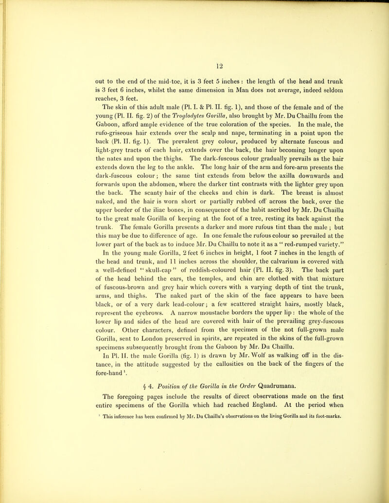 out to the end of the mid-toe, it is 3 feet 5 inches : the length of the head and trunk is 3 feet 6 inches, whilst the same dimension in Man does not average, indeed seldom reaches, 3 feet. The skin of this adult male (PI. I. & PI. II. fig. 1), and those of the female and of the young (PI. II. fig. 2) of the Troglodytes Gorilla, also brought by Mr. Du Chaiilu from the Gaboon, aftbrd ample evidence of the true coloration of the species. In the male, the rufo-griseous hair extends over the scalp and nape, terminating in a point upon the back (PI. II. fig. 1). The prevalent grey colour, produced by alternate fuscous and light-grey tracts of each hair, extends over the back, the hair becoming longer upon the nates and upon the thighs. The dark-fuscous colour gradually prevails as the hair extends down the leg to the ankle. The long hair of the arm and fore-arm presents the dark-fuscous colour; the same tint extends from below the axilla downwards and forwards upon the abdomen, where the darker tint contrasts with the lighter grey upon the back. The scanty hair of the cheeks and chin is dark. The breast is almost naked, and the hair is w^orn short or partially rubbed off across the back, over the upper border of the iliac bones, in consequence of the habit ascribed by Mr. Du Chaiilu to the great male Gorilla of keeping at the foot of a tree, resting its back against the trunk. The female Gorilla presents a darker and more rufous tint than the male ; but this may be due to difference of age. In one female the rufous colour so prevailed at the lower part of the back as to induce Mr. Du Chaiilu to note it as a  red-rumped variety. In the young male Gorilla, 2 feet 6 inches in height, 1 foot 7 inches in the length of the head and trunk, and 11 inches across the shoulder, the calvarium is covered with a well-defined skull-cap of reddish-coloured hair (PI. II. fig. 3). The back part of the head behind the ears, the temples, and chin are clothed with that mixture of fuscous-brown and grey hair which covers with a varying depth of tint the trunk, arms, and thighs. The naked part of the skin of the face appears to have been black, or of a very dark lead-colour; a few scattered straight hairs, mostly black, represent the eyebrows. A narrow moustache borders the upper lip : the whole of the lower lip and sides of the head are covered with hair of the prevailing grey-fuscous colour. Other characters, defined from the specimen of the not full-grown male Gorilla, sent to London preserved in spirits, are repeated in the skins of the full-grown specimens subsequently brought from the Gaboon by Mr. Du Chaiilu. In PI. II. the male Gorilla (fig. 1) is drawn by Mr. Wolf as walking off in the dis- tance, in the attitude suggested by the callosities on the back of the fingers of the fore-hand \ § 4. Position of the Gorilla in the Order Quadrumana. The foregoing pages include the results of direct observations made on the first entire specimens of the Gorilla which had reached England. At the period when ' This inference has been confirmed by Mr. Du Chaillu's observations on the living Gorilla and its foot-marks.