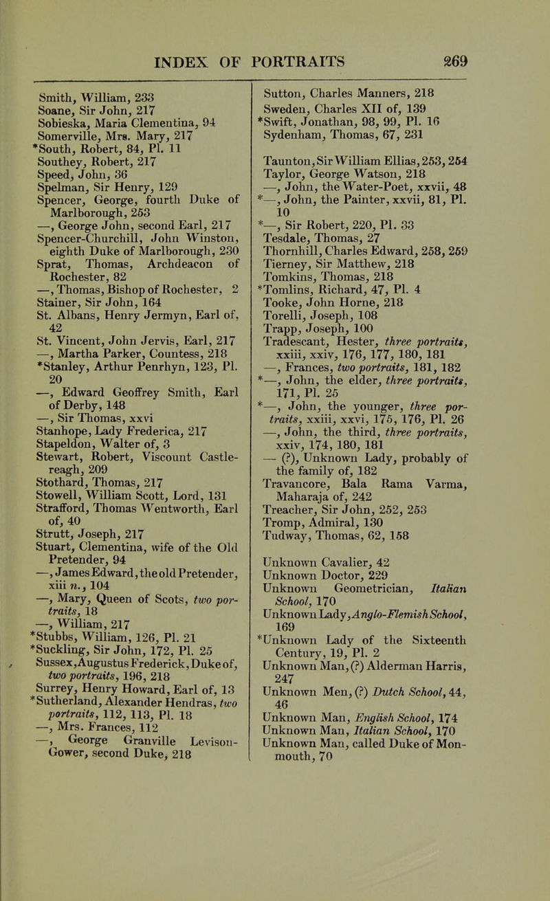 Smith, William, 233 Soane, Sir John, 217 Sobieska, Maria Clementina, 94 Somerville, Mrs. Mary, 217 ♦South, Robert, 84, PI. 11 Southey, Robert, 217 Speed, John, 36 Spelman, Sir Henry, 129 Spencer, George, fourth Duke of Marlborough, 263 —, George John, second Earl, 217 Spencer-Churchill, John Winston, eighth Duke of Marlborough, 230 Sprat, Thomas, Archdeacon of Rochester, 82 —, Thomas, Bishop of Rochester, 2 Stainer, Sir John, 164 St. Albans, Henry Jermyn, Earl of, 42 St. Vincent, John Jervis, Earl, 217 —, Martha Parker, Countess, 218 ♦Stanley, Arthur Penrhyn, 123, PI. 20 —, Edward Geoffrey Smith, Earl of Derby, 148 —, Sir Thomas, xxvi Stanhope, Lady Frederica, 217 Stapeldon, Walter of, 3 Stewart, Robert, Viscount Castle- reagh, 209 Stothard, Thomas, 217 Stowell, William Scott, Lord, 131 Strafford, Thomas Wentworth, Earl of, 40 Strutt, Joseph, 217 Stuart, Clementina, wife of the Old Pretender, 94 —, James Edward, the old Pretender, xiii 11. J 104 —, Mary, Queen of Scots, two por- traits, 18 —, William, 217 ♦Stubbs, William, 126, PI. 21 ♦Suckling, Sir John, 172, PI. 25 Sussex, Augustus Frederick, Duke of, two portraits, 196, 218 Surrey, Henry Howard, Earl of, 13 ♦Sutherland, Alexander Hendras, two portraits, 112, 113, PI. 18 —, Mrs. Frances, 112 —, George Granville Levisoii- Gower, second Duke, 218 Sutton, Charles Manners, 218 Sweden, Charles XII of, 139 ♦Swift, Jonathan, 98, 99, PI. 16 Sydenham, Thomas, 67, 231 Taunton, Sir William Ellias, 253,254 Taylor, George Watson, 218 —, John, the Water-Poet, xxvii, 48 *—, John, the Painter, xxvii, 81, PI. 10 *—, Sir Robert, 220, PI. 83 Tesdale, Thomas, 27 Thornhill, Charles Edward, 268, 269 Tierney, Sir Matthew, 218 Tomkins, Thomas, 218 ♦Tomlins, Richard, 47, PI. 4 Tooke, John Home, 218 Torelli, Joseph, 108 Trapp, Joseph, 100 Tradescant, Hester, three portrait*, xxiii, xxiv, 176, 177, 180, 181 —, Frances, two portraits, 181, 182 ♦—, John, the elder, three portraits, 171, PI. 26 *—, John, the younger, three por- traits, xxiii, xxvi, 176, 176, PI. 26 —, John, the third, three portraits, xxiv, 174, 180, 181 — (.''), Unknown Lady, probably of the family of, 182 Travancore, Bala Rama Vai-raa, Maharaja of, 242 Treacher, Sir John, 262, 253 Tromp, Admiral, 130 Tudway, Thomas, 62, 168 Unknown Cavalier, 42 Unknown Doctor, 229 Unknown Geometrician, Italian School, 170 Unknown Lady, Anglo-Flemish School, 169 ♦Unknown Lady of the Sixteenth Century, 19, PI. 2 Unknown Man, (.'*) Alderman Harris, 247 Unknown Men, (?) Dutch School, 44, 46 Unknown Man, English School, 174 Unknown Man, Italian School, 170 Unknown Man, called Duke of Mon- mouth, 70