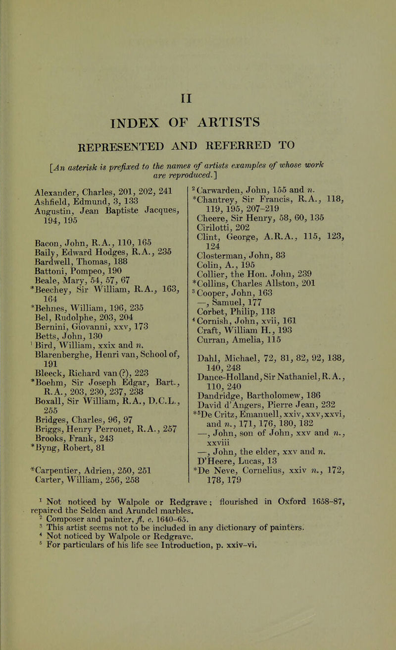 INDEX OF ARTISTS REPRESENTED AND REFERRED TO [An asterisk is prefixed to the names of artists examples of whose work are reproduced.} Alexander, Charles, 201, 202, 241 Ashfield, Edmund, 3, 133 Augustin, Jean Baptiste Jacques, 194, 195 Bacon, John, R.A., 110, 165 Baily, Edward Hodges, R.A., 236 Bardwell, Thomas, 188 Battoni, Pompeo, 190 Beale, Mary, 54, 67, 67 *Beechey, Sir William, R.A., 163, 164 *Behnes, William, 196, 235 Bel, Rudolphe, 203, 204 Bernini, Giovanni, xxv, 173 Betts, John, 130 ' Bird, William, xxix and n. Blarenberghe, Henri van. School of, 191 Bleeck, Richard van (?), 223 *Boehm, Sir Joseph Edgar, Bart., R.A., 203, 230, 237, 238 Boxall, Sir William, R.A., D.C.L., 256 Bridges, Charles, 96, 97 Briggs, Henry Perronet, R.A., 257 Brooks, Frank, 243 *Byng, Robert, 81 *Carpentier, Adrien, 260, 251 Carter, William, 256, 258 '^Carwarden, John, 165 and n. *Chantrey, Sir Francis, R.A., 118 119, 196, 207-219 Cheere, Sir Henry, 58, 60, 136 Cirilotti, 202 Clint, George, A.R.A., 115, 123 124 Closterman, John, 83 Colin, A., 195 Collier, the Hon. John, 239 *Collins, Charles Allston, 201 ^Cooper, John, 163 —, Samuel, 177 Corbet, Philip, 118 * Cornish, John, xvii, 161 Craft, William H., 193 Curran, Amelia, 115 Dahl, Michael, 72, 81, 82, 92, 138 140, 248 Dance-Holland, Sir Nathaniel, R. A. 110, 240 Dandridge, Bartholomew, 186 David d'Augers, Pierre Jean, 232 *''De Critz, Emanuell, xxiv, xxv,xxvi and7i.,l71, 176, 180, 182 —, John, son of John, xxv and n. xxviii —, John, the elder, xxv and n. D'Heere, Lucas, 13 *De Neve, Cornelius, xxiv n., 172 178,179 ^ Not noticed by Walpole or Redgrave; flourished in Oxford 1658-87 repaired the Selden and Arundel marbles. ^ Composer and painter,/, c. 1640-65. ^ This artist seems not to be included in any dictionary of painters. * Not noticed by Walpole or Redgrave. * For particidars of his hfe see Introduction, p. xxiv-vi.