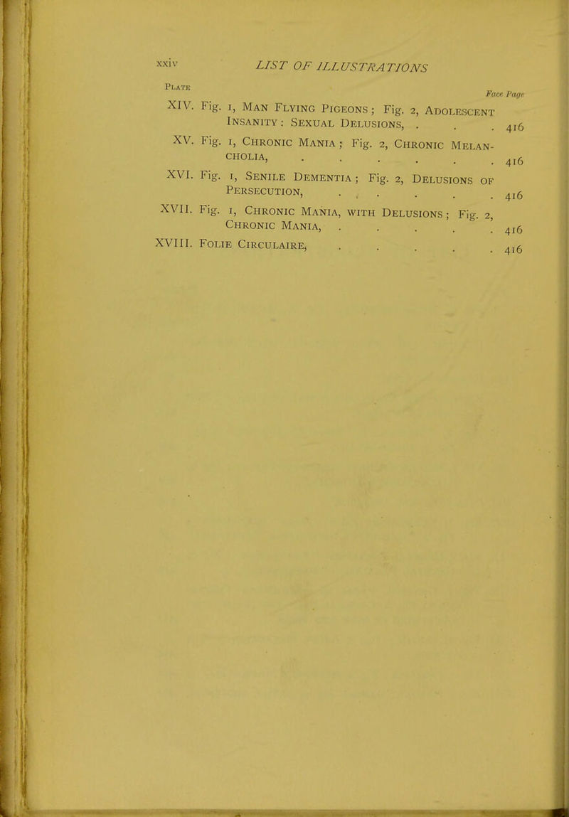 Platk FucR Page. XIV. Fig. I, Man Flying Pigeons ; Fig. 2, Adolescent Insanity: Sexual Delusions, . . .416 XV. Fig. I, Chronic Mania; Fig. 2, Chronic Melan- cholia, . . XVI. Fig. I, Senile Dementia; Fig. 2, Delusions of Persecution, . , . . . .416 XVII. Fig. I, Chronic Mania, with Delusions; Fig. 2, Chronic Mania, . . . '. ! 416 XVIII. FOLIE Circulaire, . . . . .416