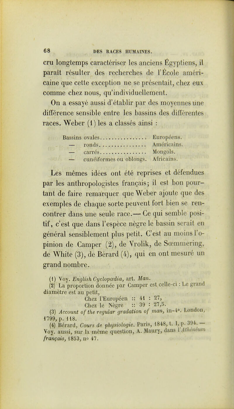 cru longtemps caractériser les anciens Égyptiens, il paraît résulter des recherches de l'École améri- caine que cette exception ne se présentait, chez eux comme chez nous, qu'individuellement. On a essayé aussi d'établir par des moyennes une différence sensible entre les bassins des différentes races. Weber (1) les a classés ainsi : Bassins ovales Européens. — ronds Américains. — carrés Mongols. — cunéiformes ou oblongs. Africains. Les mêmes idées ont été reprises et défendues par les anthropologistes français; il est bon pour- tant de faire remarquer que Weber ajoute que des exemples de chaque sorte peuvent fort bien se ren- contrer dans une seule race.— Ce qui semble posi- tif, c'est que dans l'espèce nègre le bassin serait en général sensiblement plus petit. C'est au moins l'o- pinion de Camper (2), de Yrolik, de Sœmmering. de White (3), de Bérard (4), qui en ont mesuré un grand nombre. (1) Voy. English Cyclopœdia, art. Man. (2) La proportion donnée par Camper est celle-ci : Le grand diamètre est au petit. Chez l'Européen :: 41 : 27, Chez le Nègre :: 39 : 27,5. (3) Account ofthe regular gradation of man, in-4°. London, 1799, p. 118. (4) Bérard, Cours de physiologie. Paris, 1848, t. 1, p. 394. — Voy. aussi, sur la même question, A. Maury, dans i Athcneum français, 1853, no 47.