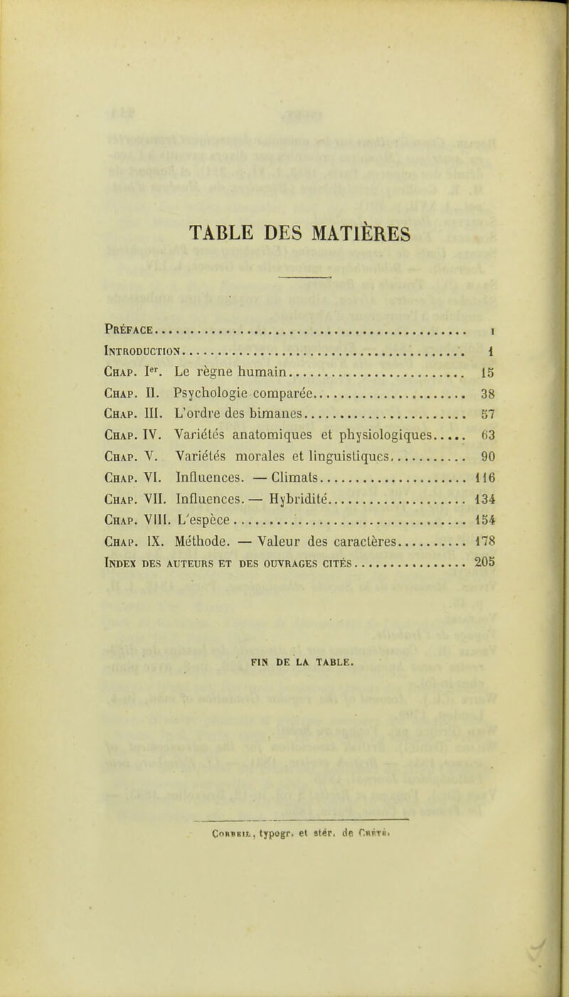 TABLE DES MATIÈRES Préface i Introduction { Chap. I. Le règne humain 15 Chap. II. Psychologie comparée 38 Chap. III. L'ordre des bimanes 57 Chap. IV. Variétés anatomiques et physiologiques 63 Chap. V. Variétés morales et linguistiques 90 Chap. VI. Influences. —Climats H6 Chap. VII. Influences. — Hybridité 134 Chap. VIII. L'espèce 154 Chap. IX. Méthode. — Valeur des caractères 178 Index des auteurs et des ouvrages cités 205 FIN DE LA TABLE. CoRBEiib, typtfgr. el stér, de Cn^Tii.