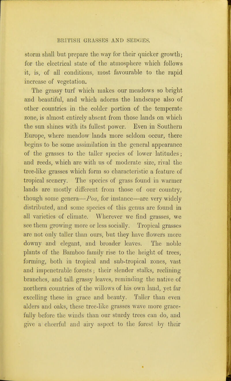 storm shall but prepare the way for their quicker growth; for the electrical state of the atmosphere which follows it, is, of all conditions, most favourable to the rapid increase of vegetation. The grassy turf which makes our meadows so bright and beautiful, and which adorns the landscape also of other countries in the colder portion of the temperate zone, is almost entirely absent from those lands on which the sun shines with its fullest power. Even in Southern Europe, where meadow lands more seldom occur, there begins to be some assimilation in the general appearance of the grasses to the taller species of lower latitudes; and reeds, which are with us of moderate size, rival the tree-like grasses which form so characteristic a feature of tropical scenery. The species of grass found in warmer lands are mostly different from those of our country, though some genera—Foa, for instance—are very widely distributed, and some species of this genus are found in all varieties of climate. Wherever we find grasses, we see them growing more or less socially. Tropical grasses are not only taller than ours, but they have flowers more downy and elegant, and broader leaves. The noble plants of the Bamboo family rise to the height of trees, forming, both in tropical and sub-tropical zones, vast and impenetrable forests; their slender stalks, reclining branches, and tall grassy leaves, reminding the native of northern countries of the willows of his own land, yet far excelling these in grace and beauty. Taller than even alders and oaks, these tree-like grasses wave more grace- fully before the winds than our sturdy trees can do, and give a cheerful and airy aspect to the forest by their «
