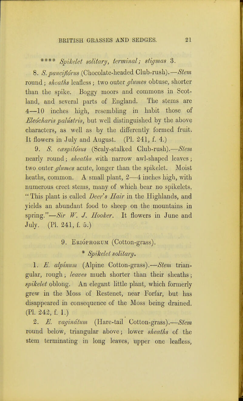 **** Spikelet solitary, terminal; stigmas 3. 8. S.paucifiorm (Chocolate-headed Club-rush).—Stem round; sheaths leafless ; two outer glumes obtuse, shorter than the spike. Boggy moors and commons in Scot- land, and several parts of England. The stems are 4—10 inches high, resembhng in habit those of Eledcharis palustris, but weh distinguished by the above characters, as well as by the differently formed fruit. It flowers in July and August. (PI. 241, f. 4.) 9. 8. ccBspitosus (Scaly-stalked Club-rush).—Stem nearly round; sheaths with narrow awl-shaped leaves; two outer glumes acute, longer than the spikelet. Moist heaths, common. A small plant, 2—4 inches high, wdth numerous erect stems, many of which bear no spikelets. This plant is called Beers Hair in the Highlands, and yields an abundant food to sheep on the mountains in spring.—Sir }F. J. Hooker. It flowers in June and July. (PI. 241, f. 5.) 9. EiiiopflORUM (Cotton-grass). * Spikelet solitary, 1. B. alpinum (Alpine Cotton-grass).—Stem trian- gular, rough; leaves much shorter than their sheaths; spikelet oblong. An elegant little plant, which formerly grew in the Moss of Restenet, near Porfar, but has disappeared in consequence of the Moss being drained. (PI. 242, f. 1.) 2. B. vagindtum (Plare-tail Cotton-grass).—Stem round below, triangular above; lower sheaths of the stem terminating in long leaves, upper one leafless,