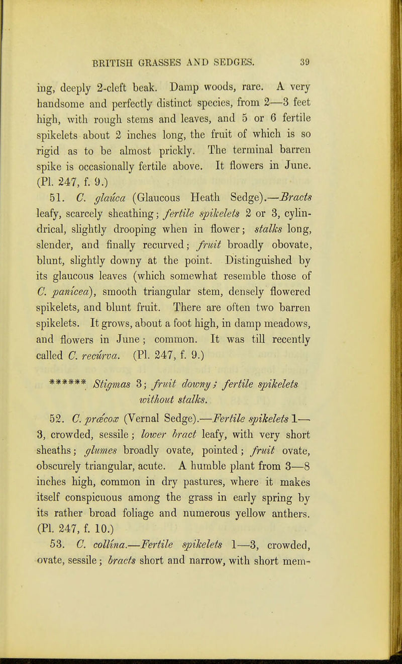 iiig, deeply 2-cleft beak. Damp woods, rare. A very handsome and perfectly distinct species, from 2—3 feet high, with rough stems and leaves, and 5 or 6 fertile spikelets about 2 inches long, the fruit of which is so rigid as to be almost prickly. The terminal barren spike is occasionally fertile above. It flowers in June. (PI. 247, f. 9.) 51. C. glauca (Glaucous Heath Sedge).—Bracts leafy, scarcely sheathing; fertile spikelets 2 or 3, cylin- drical, shghtly drooping when in flower; stalks long, slender, and finally recurved; fruit broadly obovate, blunt, shghtly downy at the point. Distinguished by its glaucous leaves (which somewhat resemble those of C. pamcea), smooth triangular stem, densely flowered spikelets, and blunt fruit. There are often two barren spikelets. It grows, about a foot high, in damp meadows, and flowers in June ; common. It was till recently called a recurva. (PI. 247, f. 9.) ****** Stigmas 3; fruit downy ^ fertile spikelets witJiout stalks. 52. C.prcBcocc (Vernal Sedge).—Fertile spikelets 1— 3, crowded, sessile; lower hract leafy, with very short sheaths; glumes broadly ovate, pointed; fruit ovate, obscurely triangular, acute. A humble plant from 3—8 inches high, common in dry pastures, where it makes itself conspicuous among the grass in early spring by its rather broad foliage and numerous yellow anthers. (PI. 247, f. 10.) 53. C. colUna.—Fertile spikelets 1—3, crowded, ovate, sessile; bracts short and narrow, with short mem-?