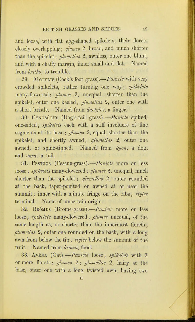 and loose, with flat egg-shaped spikelets, their florets closely overlapping; glumes 3, broad, and much shorter than the spikelet; glumellas 2, awnless, outer one blunt, and with a chaffy margin, inner small and flat. Named from britho, to tremble. 29. Dactylis (Cock's-foot grass).—Panicle with very crowded spikelets, rather turning one way; spikelets many-flowered; glumes 2, unequal, shorter than the spikelet, outer one keeled; glumellas 2, outer one with a short bristle. Named from dactylos, a flnger. 30. Cynosurus (Dog's-tail grass).—Panicle spiked, one-sided; spikelets each with a stiff involucre of fine segments at its base; glumes 2, equal, shorter than the spikelet, and shortly awned; glumellas 2, outer one awned, or spine-tipped. Named from kgon, a dog, and oura, a tail. 31. Festuca (Fescue-grass).—Panicle more or less loose; spikelets many-flowered; glumes 2, unequal, much shorter than the spikelet; glumellas 2, outer rounded at the back, taper-pointed or awned at or near the summit; inner with a minute fringe on the ribs; stgles terminal. Name of uncertain origin. 32. Bromus (Brome-grass).—Panicle more or less loose; spikelets many-flowered; glumes unequal, of the same length as, or shorter than, the innermost florets; glumellas 2, outer one rounded on the back, with a long awn from below the tip; stgles below the summit of the fruit. Named from broma, food. 33. AvENA (Oat).—Panicle loose; spikelets with 2 or more florets; glumes 2; glumellas 2, haiiy at the base, outer one with a long twisted awn, having two H