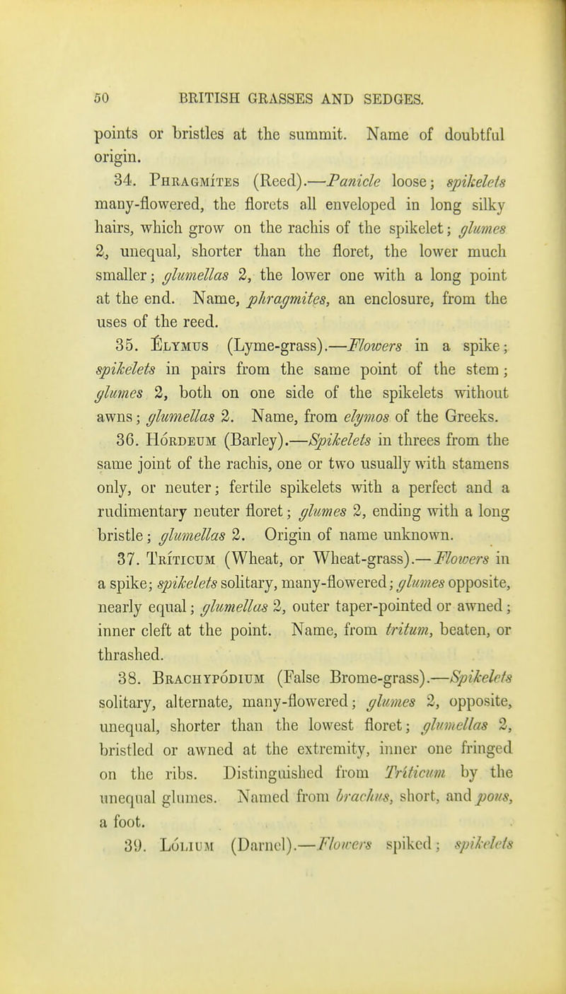 points or bristles at the summit. Name of doubtful origin. 34. Phragmites (Reed).—Panicle loose; spikelets many-flowered, the florets all enveloped in long silky hairs, which grow on the rachis of the spikelet; glumes 2^ unequal, shorter than the floret, the lower much smaller; glumellas 2, the lower one with a long point at the end. Name, phragmites, an enclosure, from the uses of the reed. 35. JIlymus (Lyme-grass).—Flowers in a spike; spihelets in pairs from the same point of the stem; glumes 2, both on one side of the spikelets without awns; glumellas 2. Name, from elymos of the Greeks. 36. HoRDEUM (Barley).—Spihelets in threes from the same joint of the rachis, one or two usually with stamens only, or neuter; fertile spikelets with a perfect and a rudimentary neuter floret; glumes 2, ending with a long bristle; glumellas 2. Origin of name unknown. 37. Triticum (Wheat, or Wheat-grass).— Flovjers in a spike; spikelets solitary, many-flowered; glumes opposite, nearly equal; glumellas 2, outer taper-pointed or awned; inner cleft at the point. Name, from tritum, beaten, or thrashed. 38. BrackYPODiuM (False Brome-grass).—Spikelets solitary, alternate, many-flowered; glumes 2, opposite, unequal, shorter than the lowest floret; glumellas 2, bristled or awned at the extremity, inner one fringed on the ribs. Distinguished from Triticum by the unequal glumes. Named from braclms, short, and pous, a foot. 31). L6liu:\i (Darnel).—Fluirers spiked; spikelets